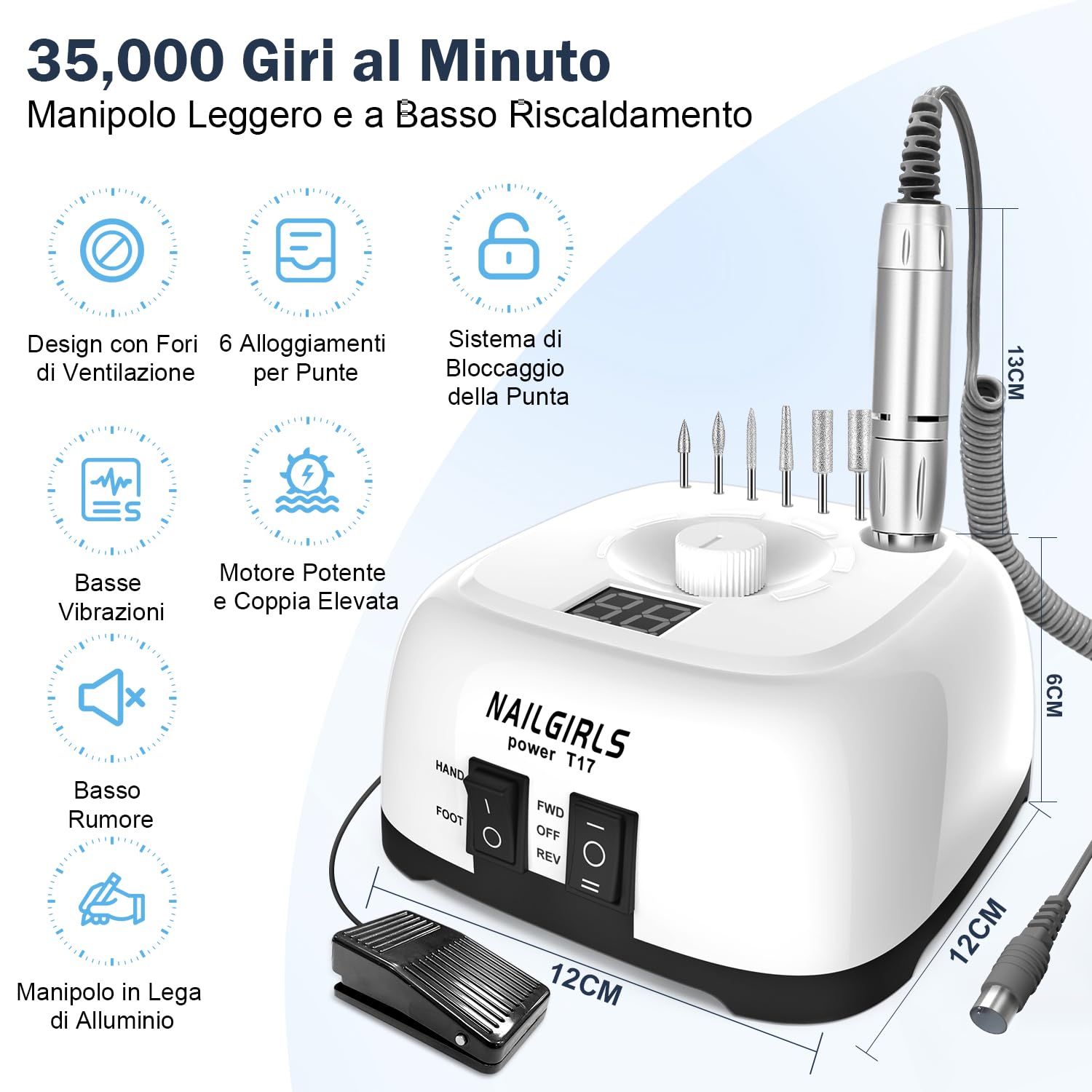NAILGIRLS Fresa per Unghie Professionale 35000RPM, Fresa Unghie, Lima Per Unghie Elettrica, Lima Unghie Elettrica con LED Intelligente e Modalità Pedale, Portatile per Rimozione Gel/Smalto (Bianco)