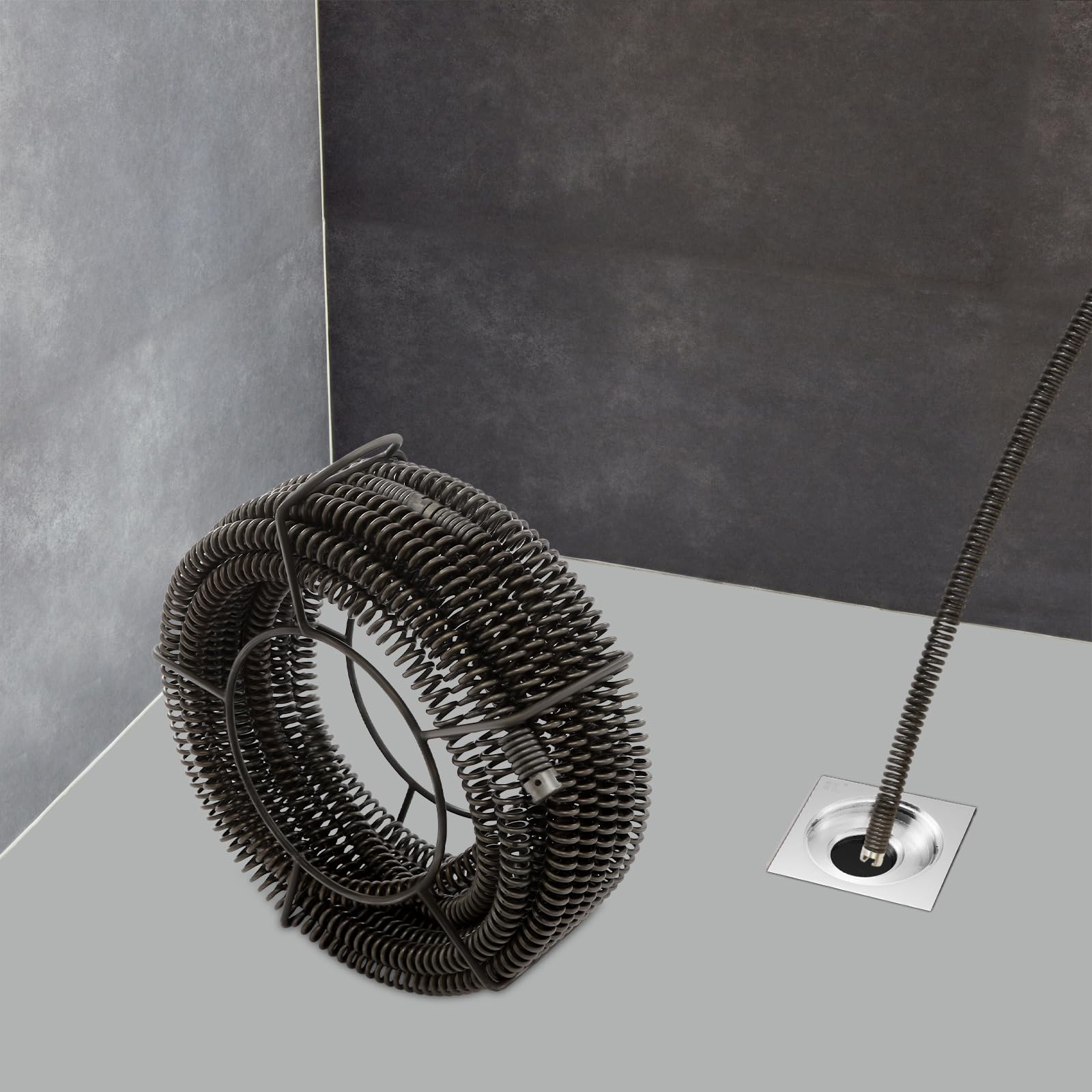 Juego de espirales de limpieza de tuberías de 14 m para tubos de 50 a 200 mm de diámetro con soporte, 4 piezas en espiral de resorte para dispositivo de limpieza de tuberías, desatascador para desagüe