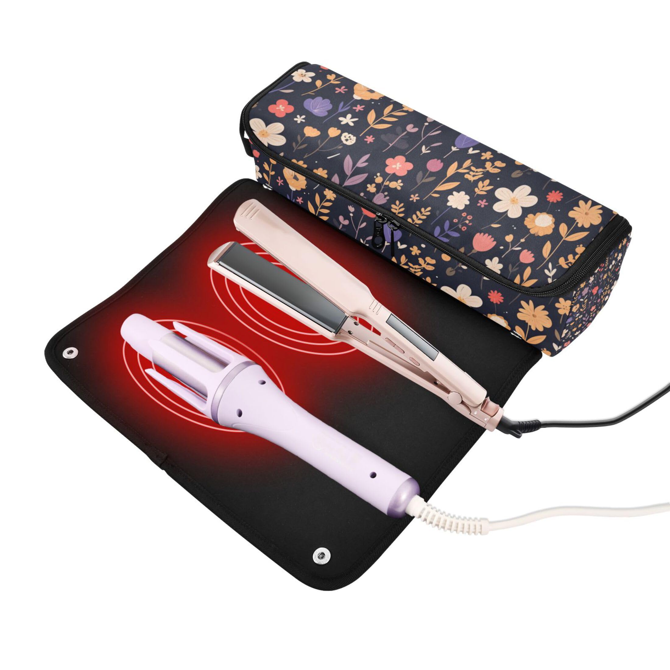 Hair Tool Travel Bag with Heat Resistant Pad Heating Tools Travel Bag Organizer for Straigheners, Curling Iron, Hair Dryer, Colorful Flowers Plants