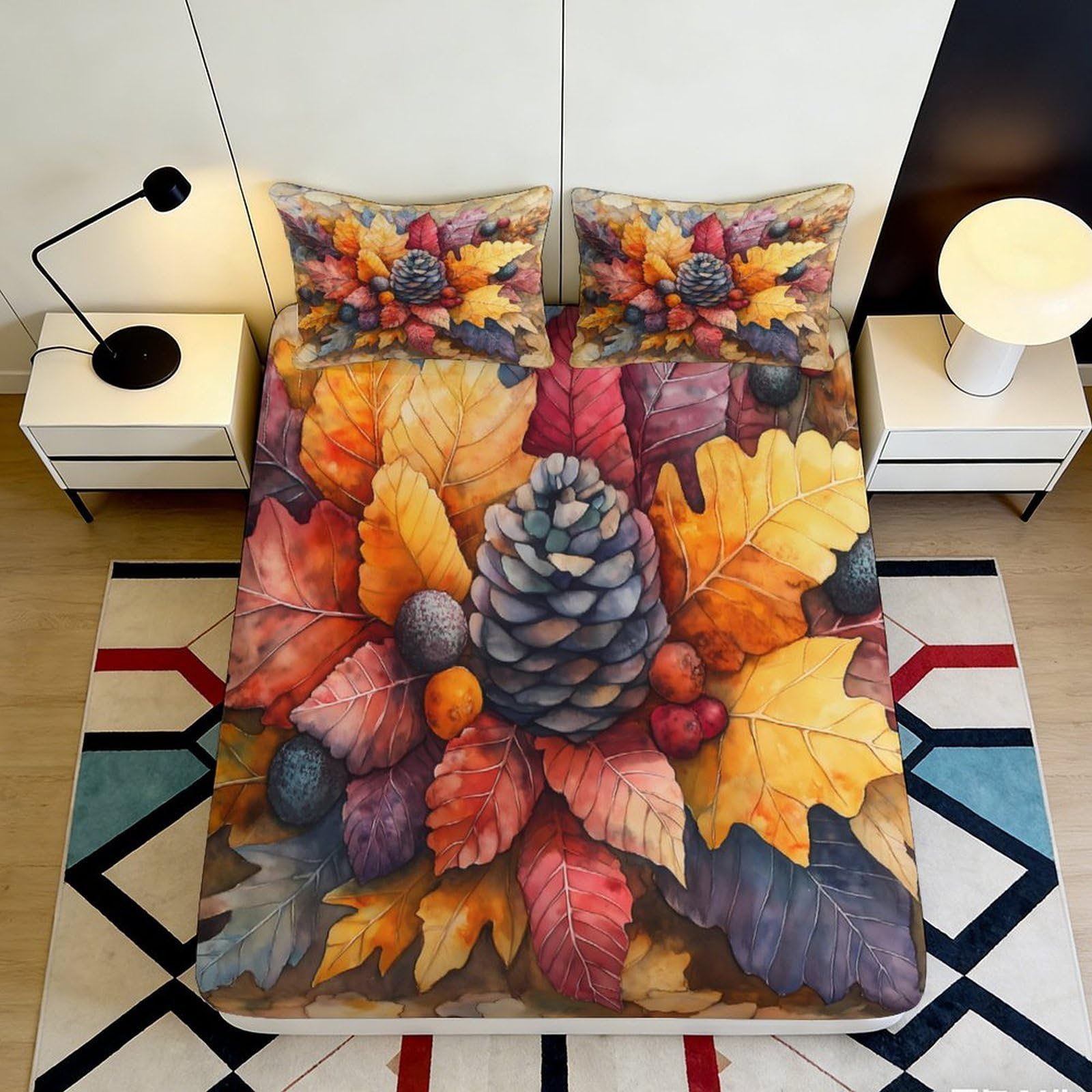 3D Printed Autumn Leaves Fitted Sheet Microfiber Soft Pinecone Bed Cover for Bedroom Guest Room Decor 90x200x25cm