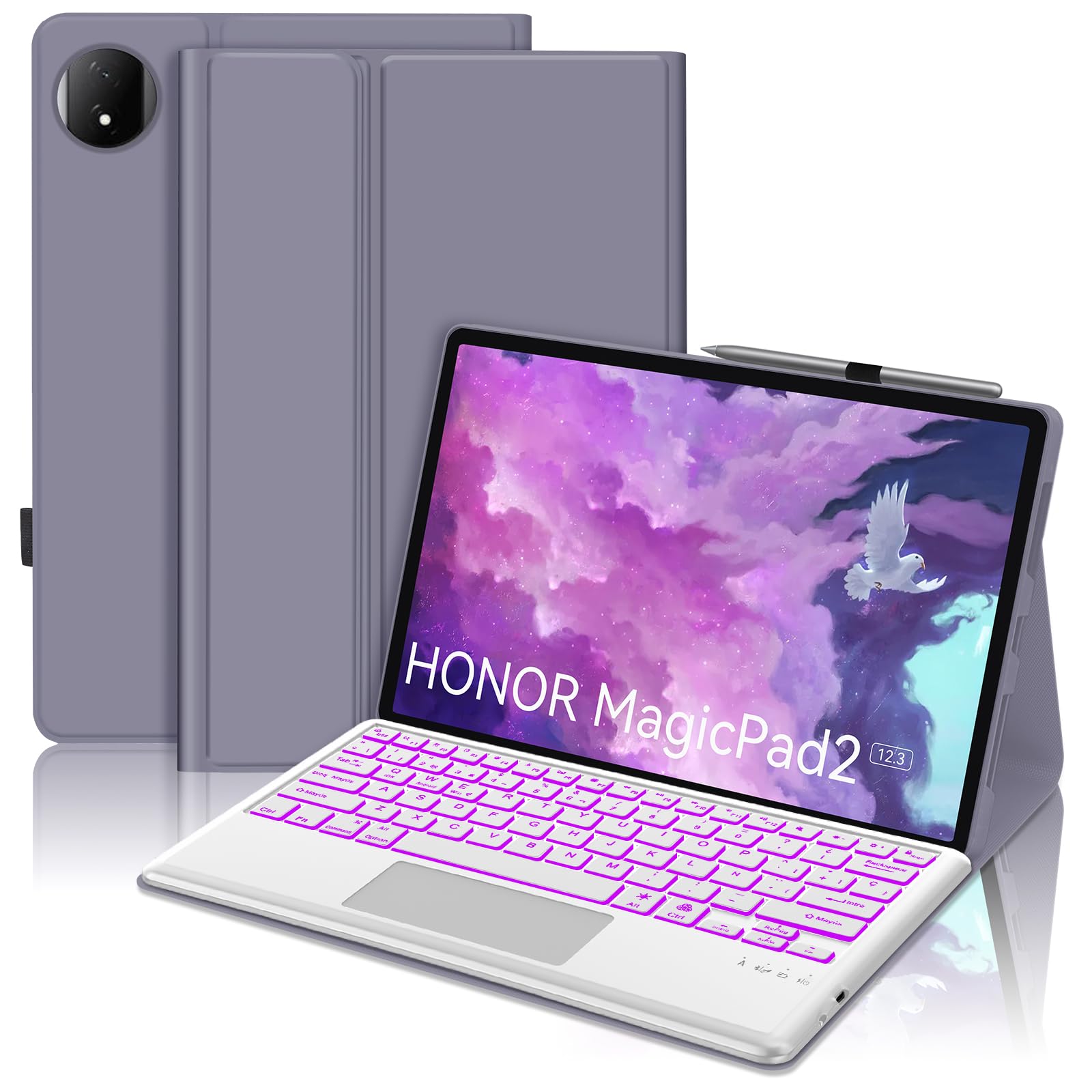 Funda con Teclado para Honor Magic Pad 2 12.3 Pulgadas 2024 | [Español] Retroiluminado Bluetooth Magnéticamente Teclado con Funda Delgada y Touchpad para Tablet Honor Magic Pad 2, Lavanda