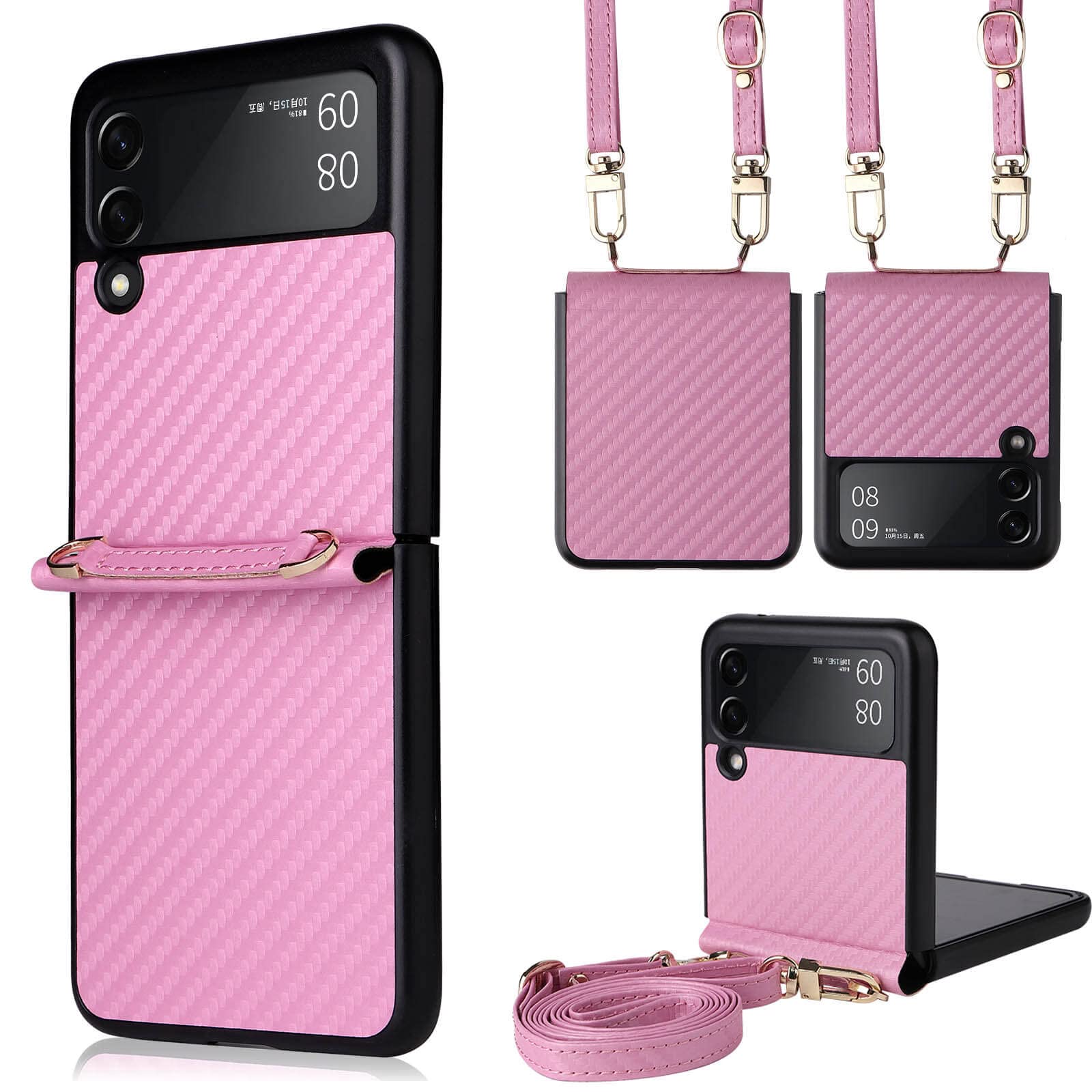 Z Flip 3 Case,JanCalm Galaxy Z Flip 3 Case Slim Carbon Fiber Hard PC Protective Cover,Lightweight and Thin Cell Phone Crossbody & Lanyard Cases for Samsung Galaxy Z Flip 3 5G (Pink)