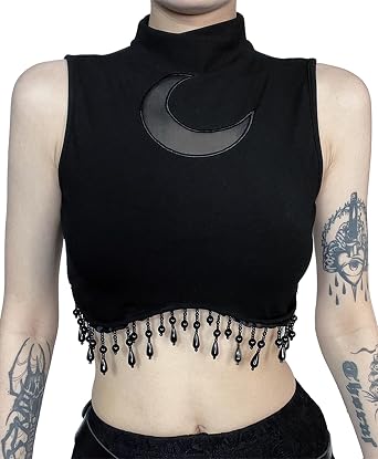 AUBIG Gothic Tank Top Crop Top Women Punk Camisole Sleeveless Shirt Lace Alt Emo Girl Blouse Streetwear Workout T-Shirt