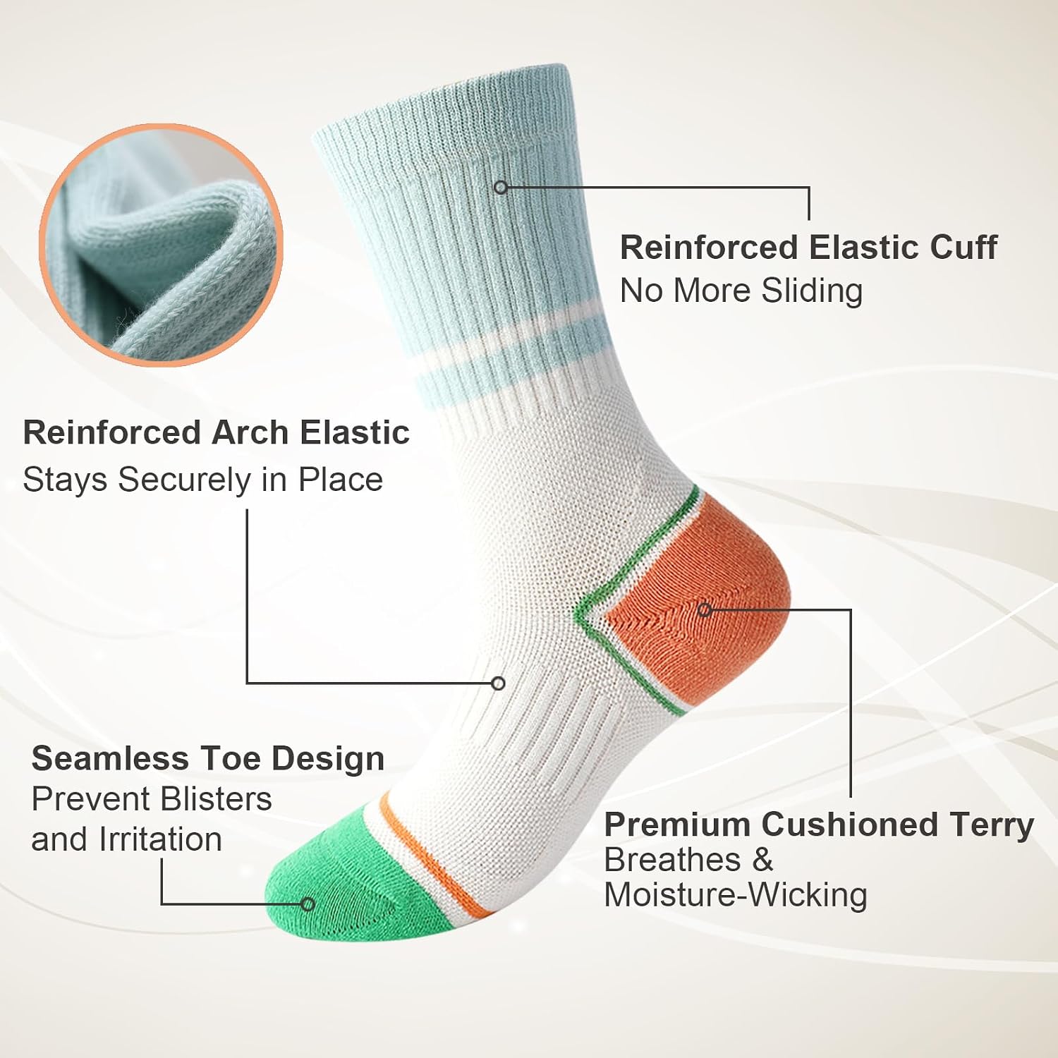 Women's Cotton Crew Socks, Size 5-8 or 8.5-11.5, 3 Pairs | Athletic Workout Socks, Moisture Wicking, Striped, Lightweight, Mid Calf, Running Cycling Hiking Travel and Casual