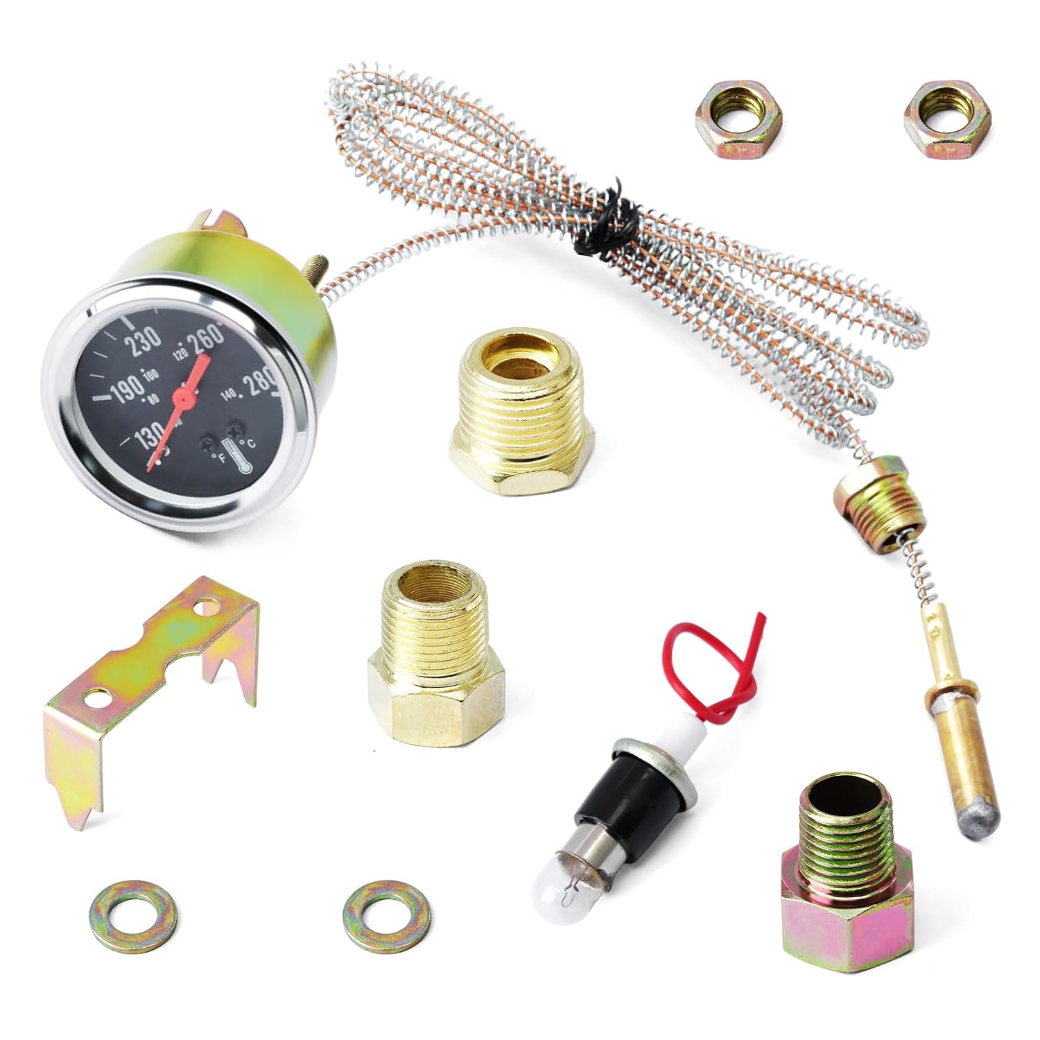 7-123 Water Temperature Gauge for Cars for Ships for Vehicles for Trucks, 2" 52mm 12V Pointer Mechanical Water Temp Gauge Range 50-140°C/130-280°F w/Yellow Light 1.8m Wire Length