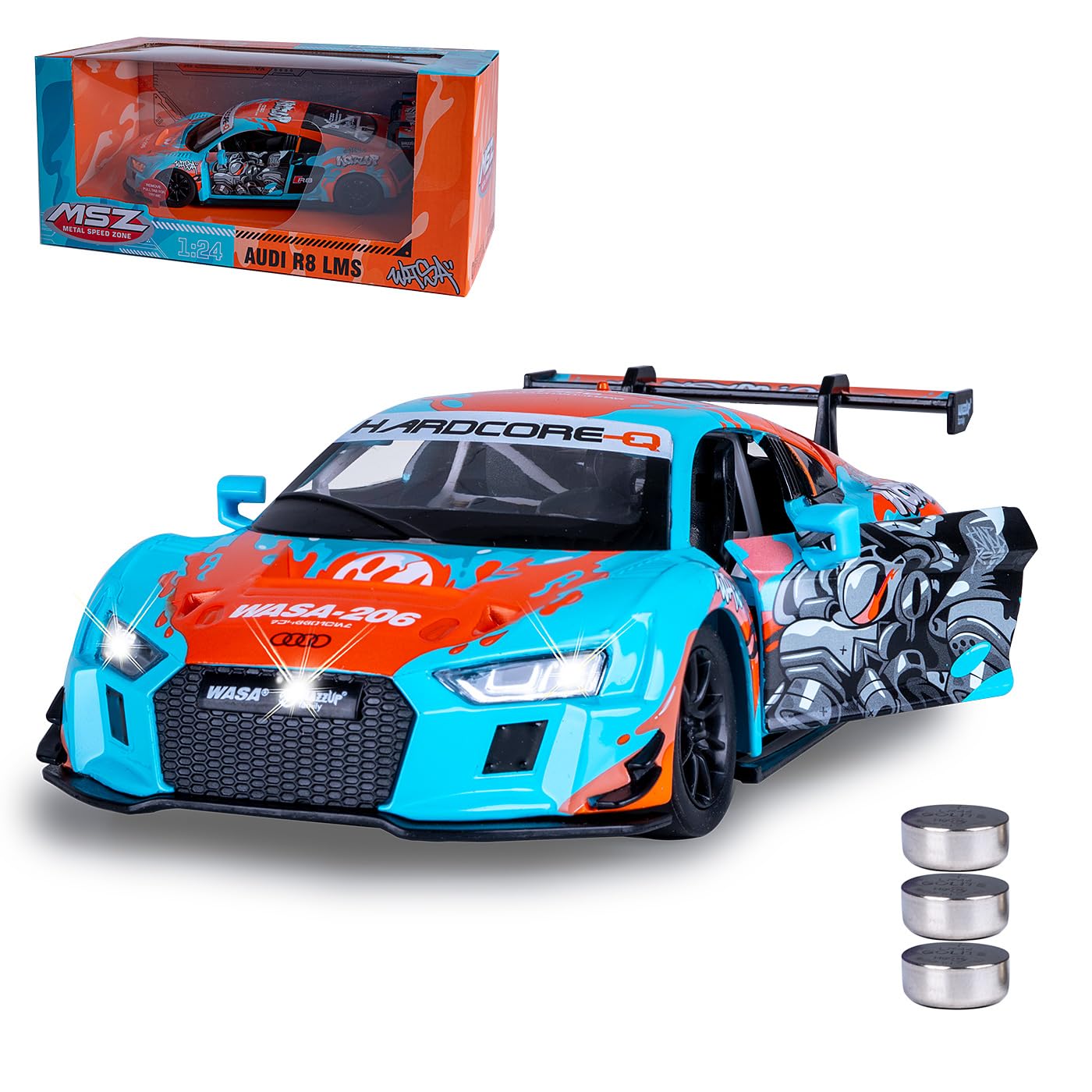JAMARA 402605 Audi R8 LMS Diecast 1:24 inkl. Knopfzellen - Modellauto Spielzeug, Kinder Car, Model Miniatur Fahrzeuge, Geschenk für Kids, Türen Manuell öffnen/schließen, Licht