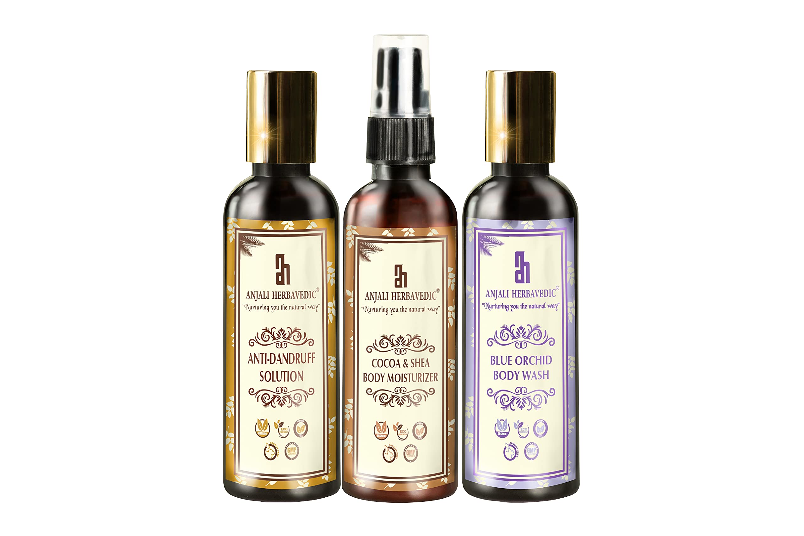 AH ANJALI HERBAVEDICDeep Cleansing Skin Hair Growth Skin & Hair Care Combo Kit (Blue Orchid Body Wash + Anti-Dandruff Solution + Cocoa & Shea Body Moisturizer)