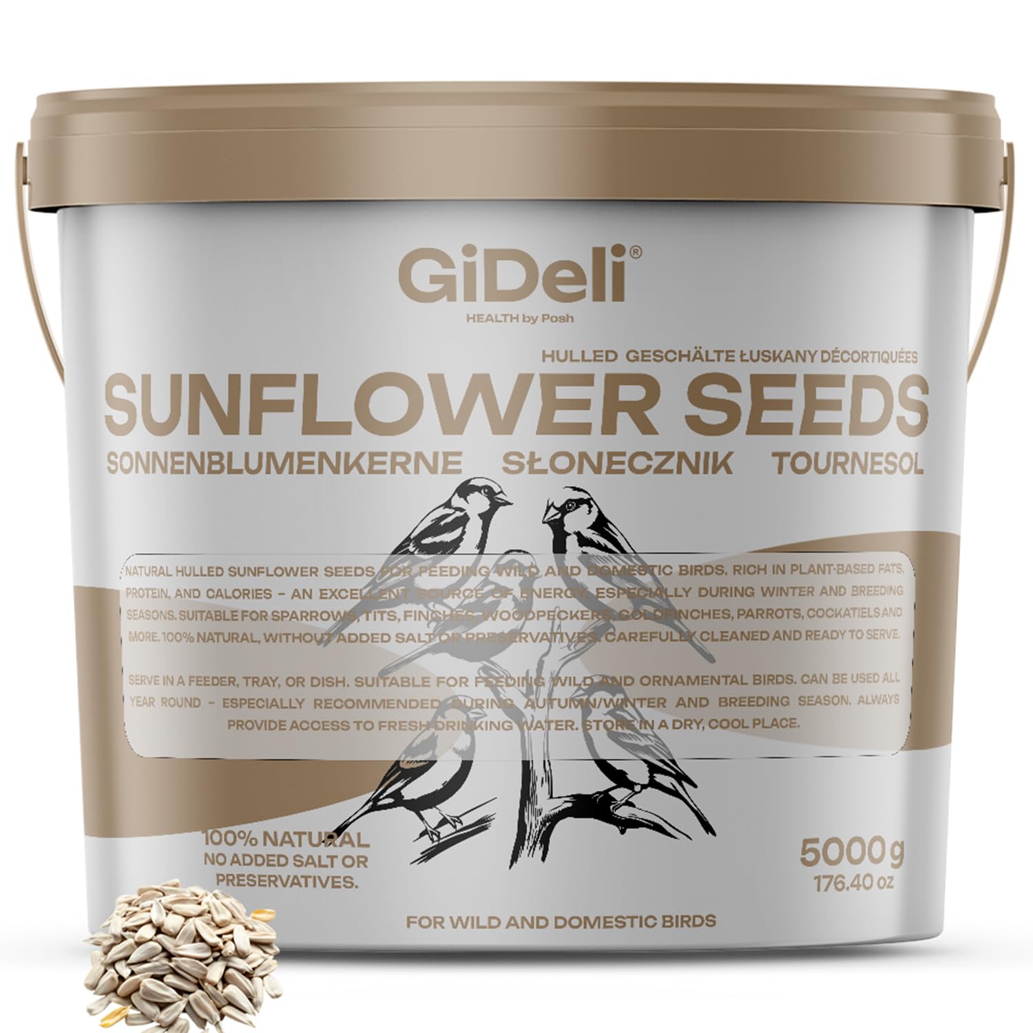 GiDeli Semi di girasole pelati, 5 kg, colore naturale, alimentazione per uccelli, uccelli selvatici, girasoli in secchio