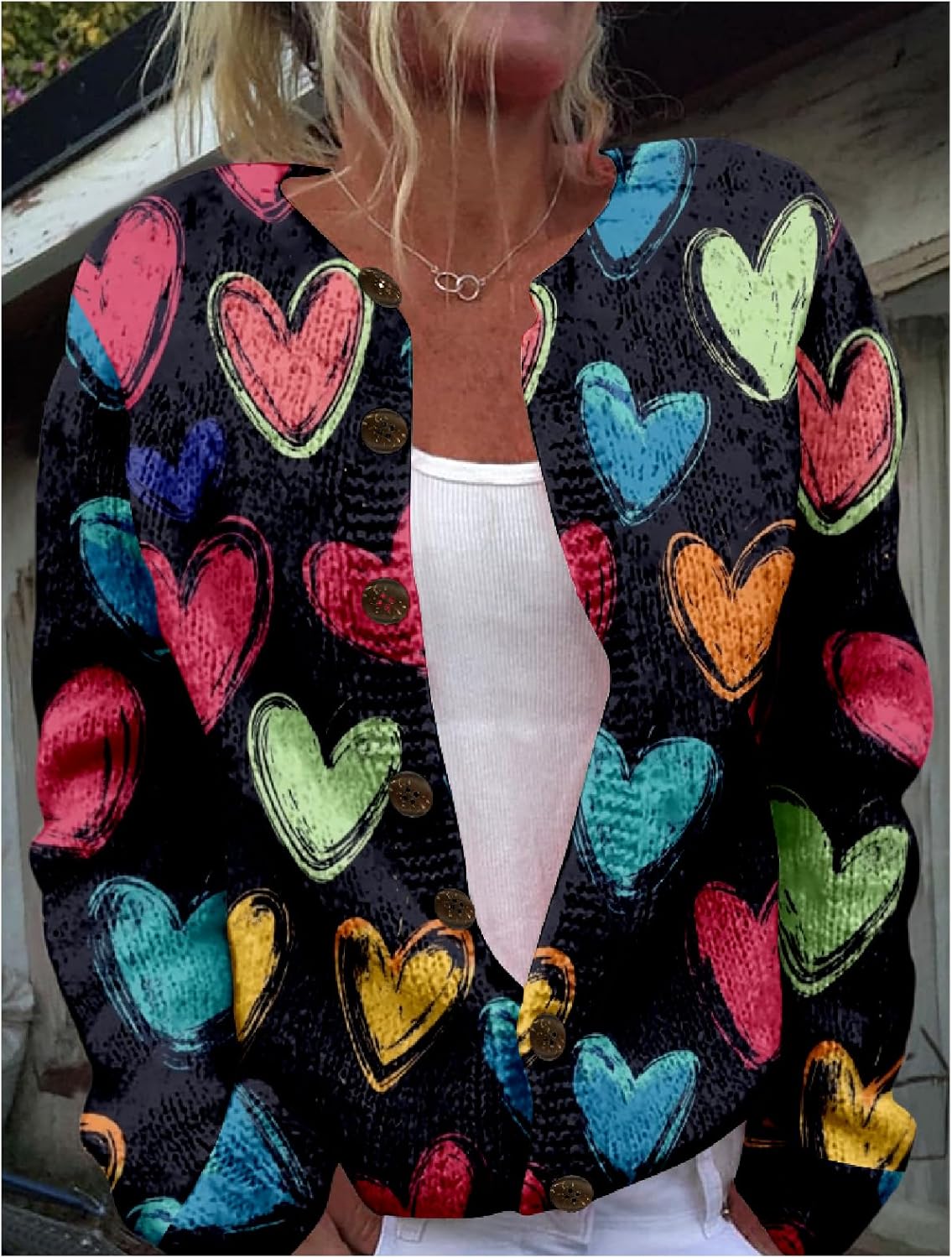Heart Print Cardigan Valentines Sweater for Women Cute Chunky Button Up Plus Size 2025 Spring Fashion Warm Blouses - Image 2