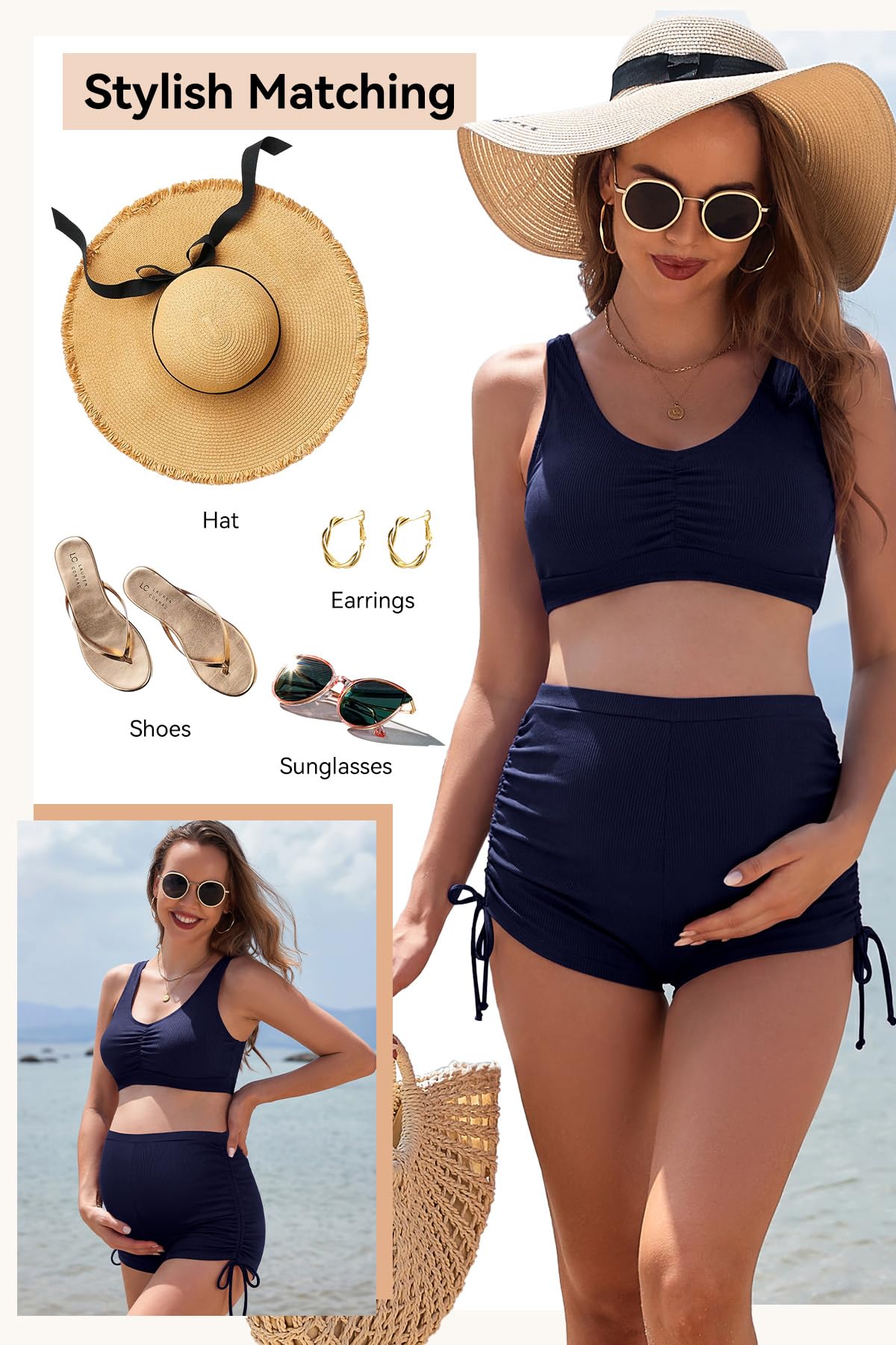 SHEKINI Costume da bagno premaman da donna, bikini con scollo a V, imbottito, con coulisse laterale increspata