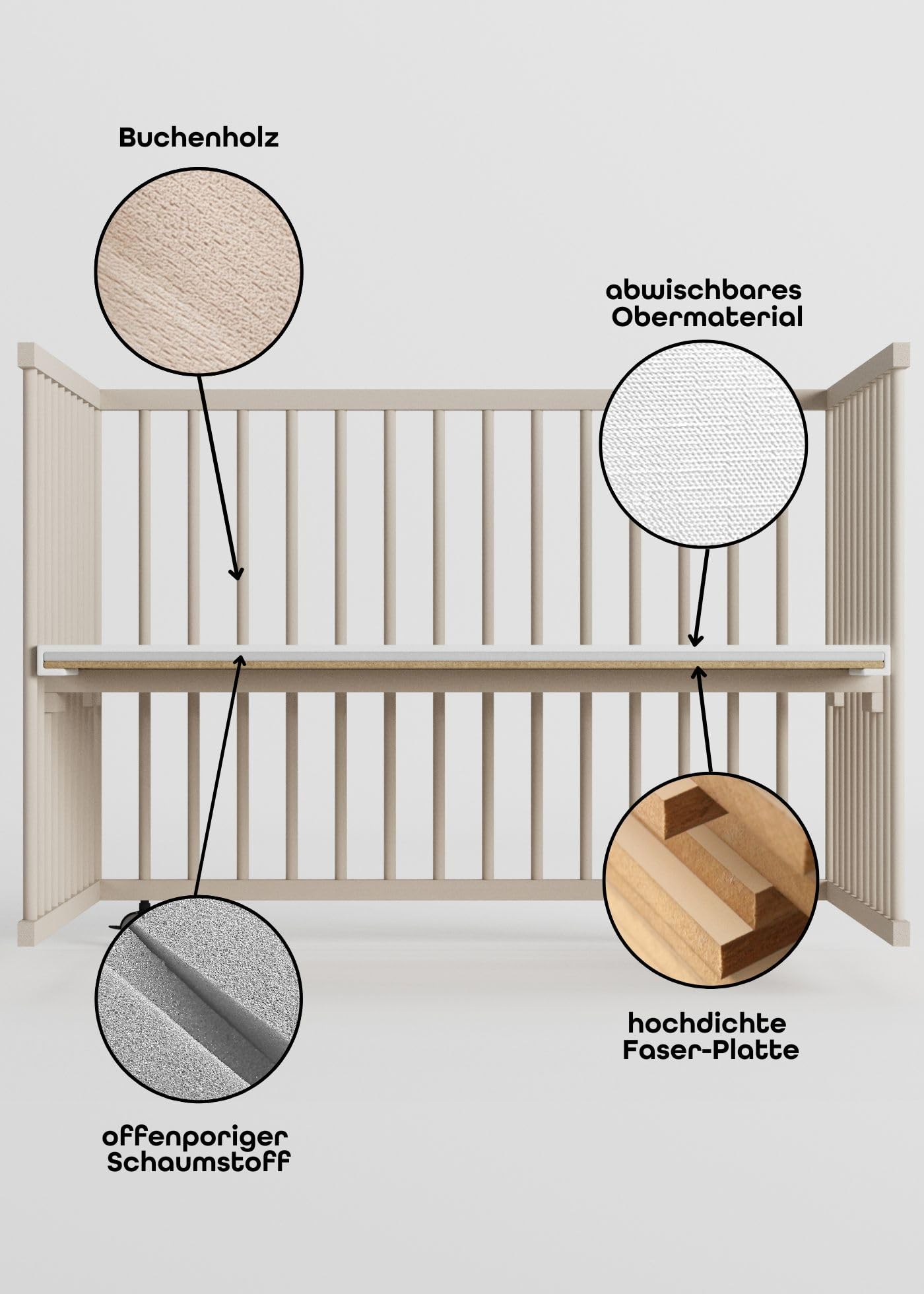 Sämann Baby Laufstall aus Holz I Baby Laufgitter 100x100 cm Sahara Dust I Inkl. Matratze Cloud Air I Robuster & höhenverstellbarer Laufstall aus Buchenholz I Mit gummierten Rollen & TÜV geprüft