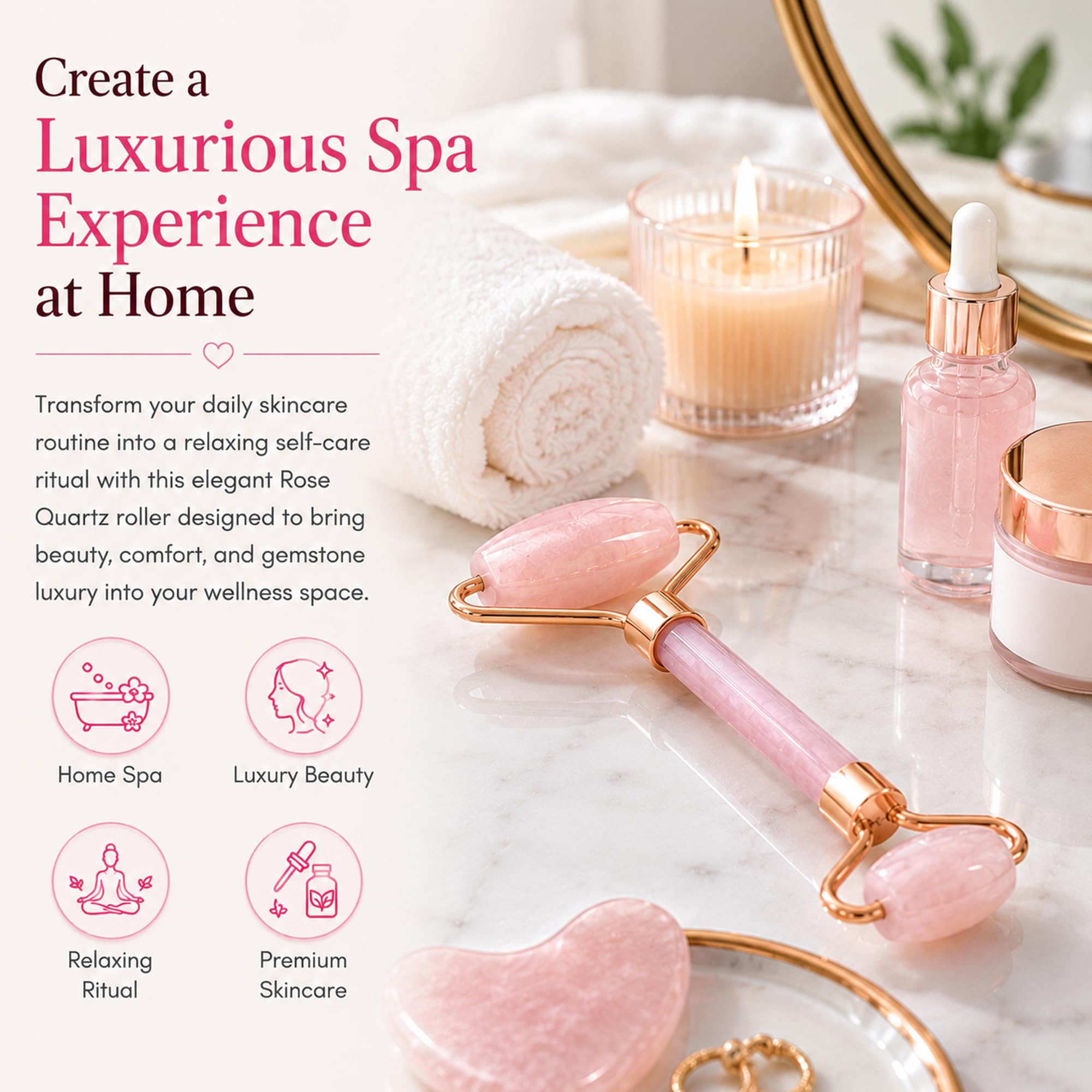 Serein Rose Quartz Facial Roller for Face & Neck Natural Pink Crystal Jade Roller for Skincare, Beauty & Self Care | Dual-Sided Gemstone Massage Tool with Rose Gold Frame 2