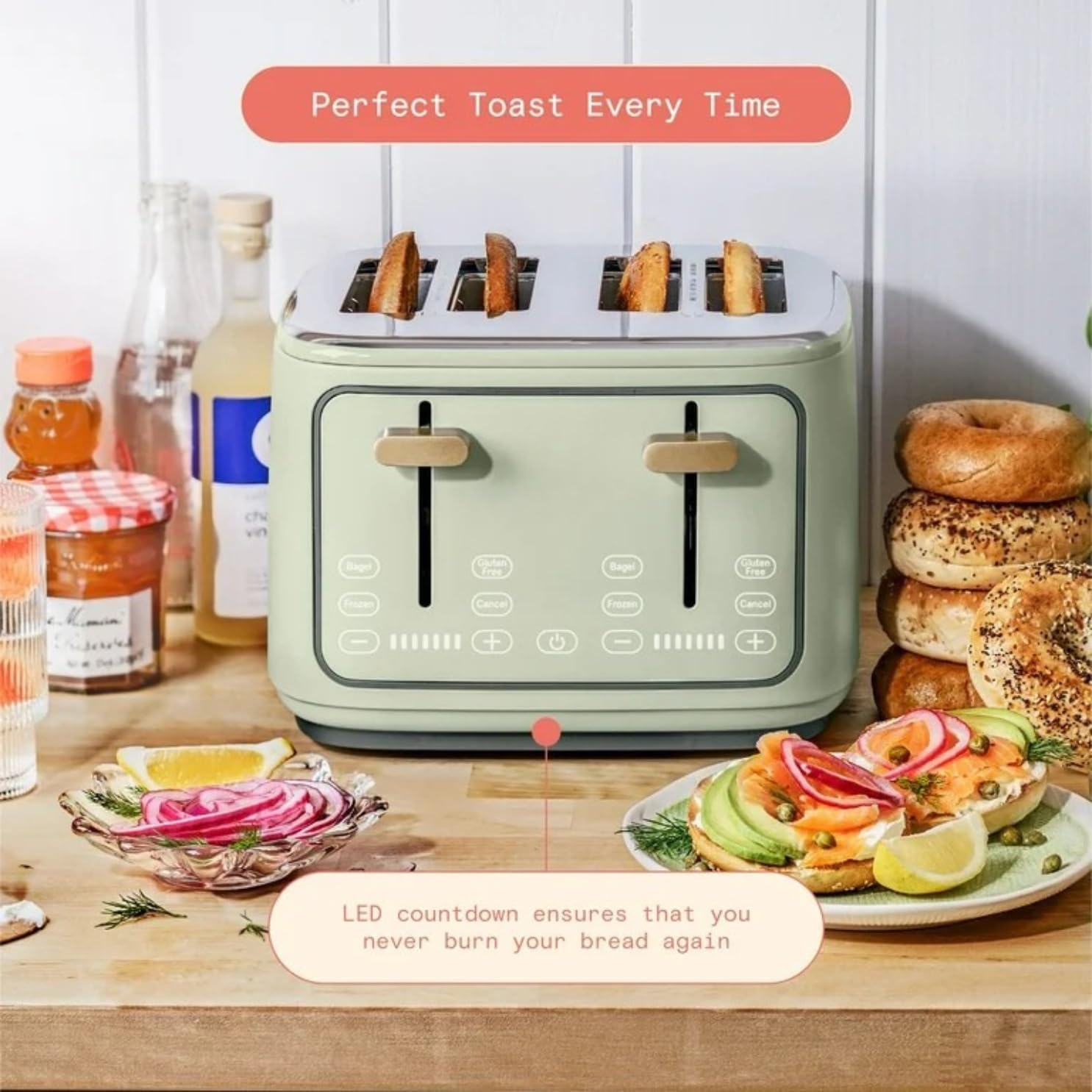 Digital Touch Display 4-Slice Toaster 1800W with Gluten-Free Frozen Reheat Settings Extra-Wide Slots (Sage Green)