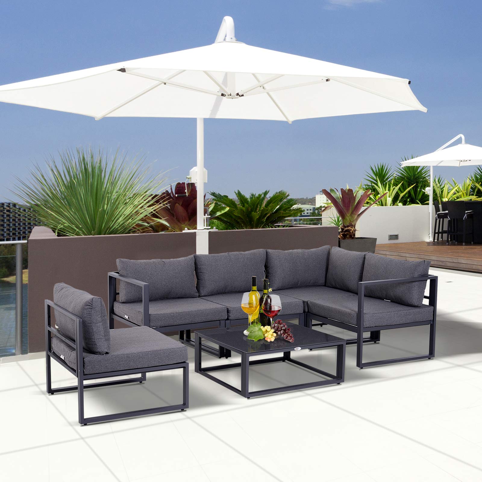 Outsunny 6-TLG. Gartengarnitur Gartenset mit Kissen für 4–5 Personen Grau | Gartensofaset Sitzgruppe Gartenmöbel, Alu+ Polyester + Hartglas, 4 x Sessel, 1 x Ecksofa, 1 x Beistelltisch