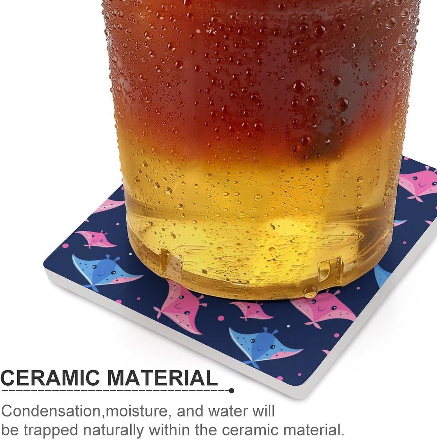 Colorful Stingray Pattern Coaster for Drinks Square Ceramic Table Coasters Stone Mat Crafts 4PCS Home Kitchen Decor