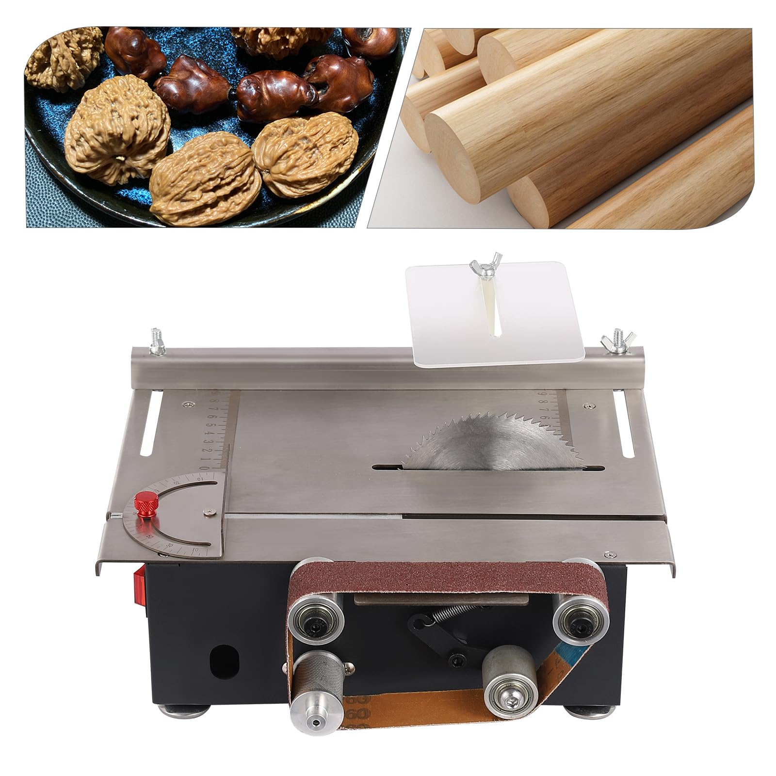 Mini sierra circular de mesa, máquina de cortar con banda de lijado y motor de 200 W para corte de madera, metal y aplicaciones de bricolaje, 33 mm