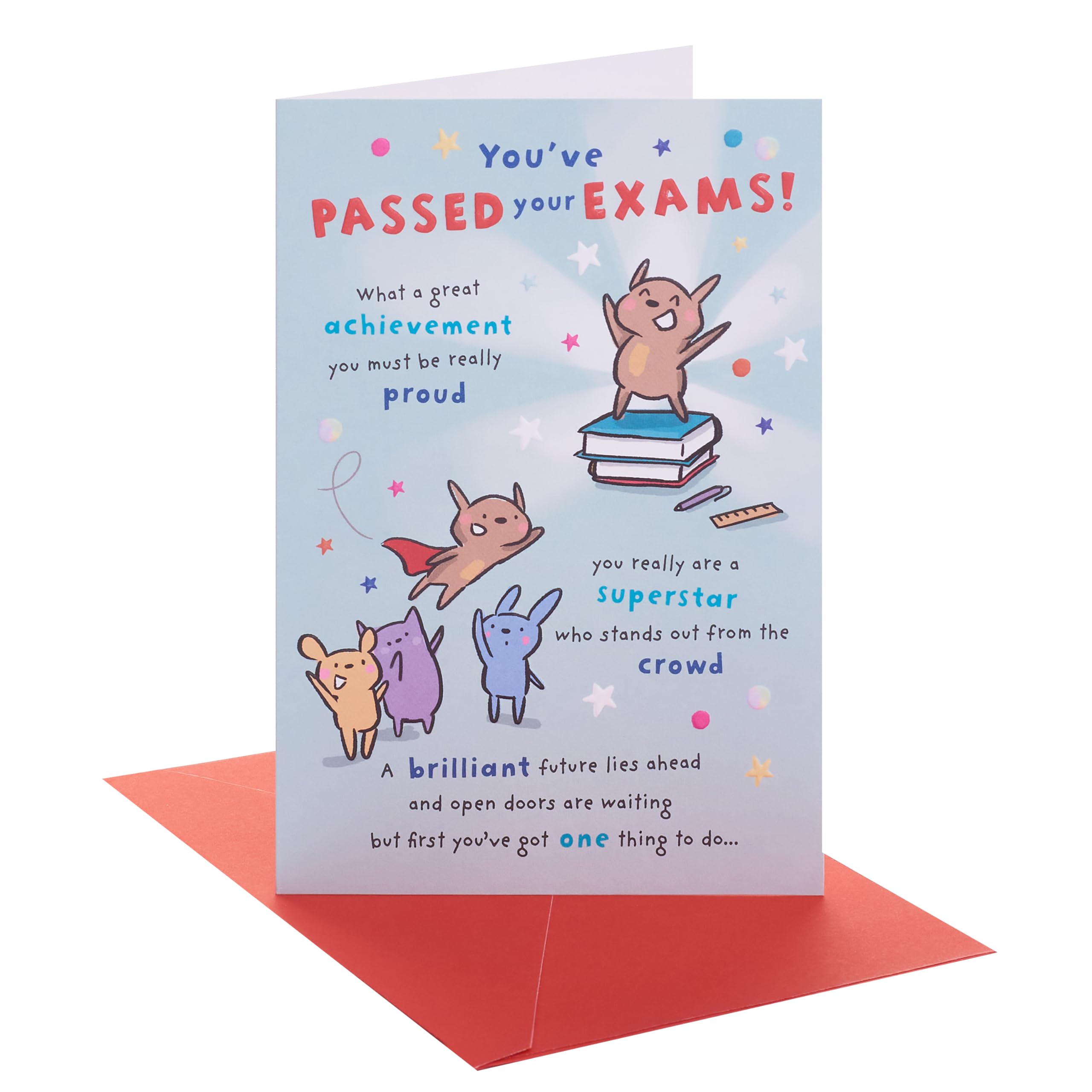 UK Greetings | Congratulations Card for Passing Exams | Congratulations/Proud of You | Her/Him | Fun Character Celebrating Design | With Envelope | 13.7 x 21 cm
