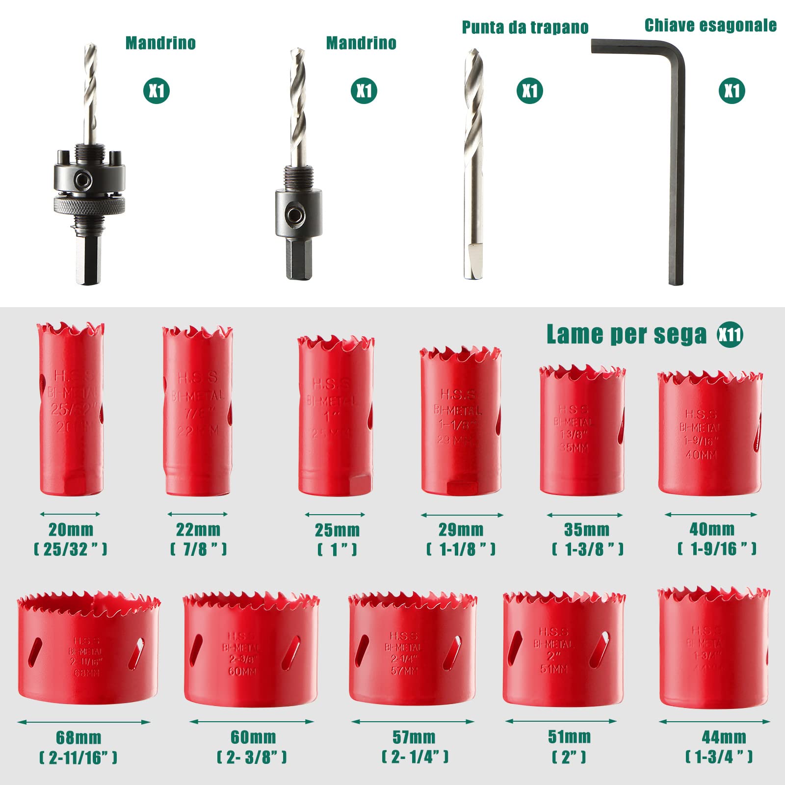 HYCHIKA Sega a Tazza Bi-metallica 17 PCS, 20mm-68mm, Profondità di Taglio Massima: 40mm, Seghe per Trapano, Ideale per Forare Metalli Teneri, Legno, Pannelli in PVC e Pannelli in Plastica