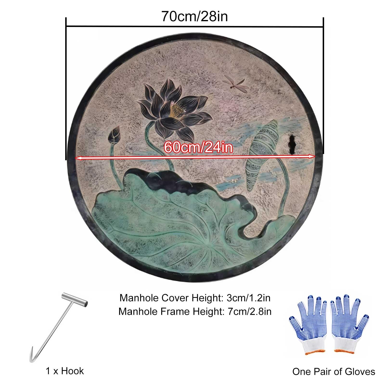 Coperchio del Tombino Decorative, Chiusino Pozzetto e Telaio Quadrati Rotondo con Foro di Sollevamento e Gancio, Fibra di Carbonio per Cortile, Giardino, Pavimentazione(60cm/24in)