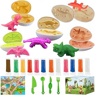 Playdough Dinosaur Eggs Sets, Easter Basket Stuffers for Toddler, Playdough Sets for Kids Ages 4-8, Easter Dino playdoh Dinosaur Play Dough Eggs Molds Toys Gifts