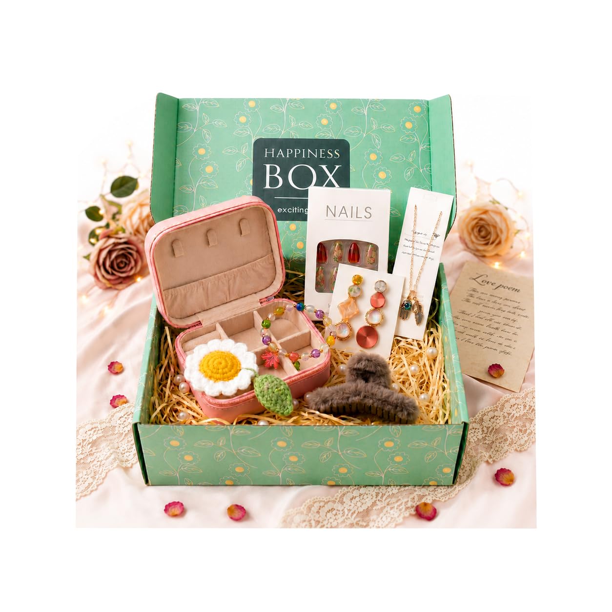 Rakhi Fashion Hamper For Women - Pink PU Leather Travel Jewelry Case Gift Set for Women, Necklace, Hair Claw, Press On Nails, Floral Crochet Keepsake Box for Girlfriend, Sister, Behen, Sis-image-21
