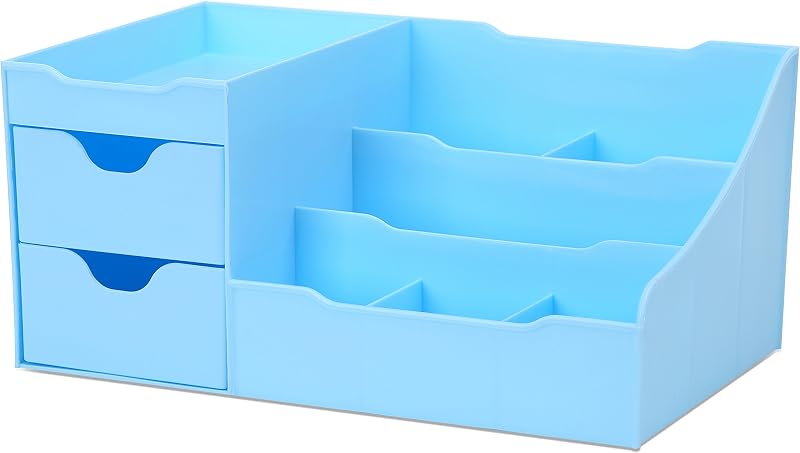 Organizador de maquiagem Uncluttered Designs azul-claro com 7 compartimentos e 2 gavetas
