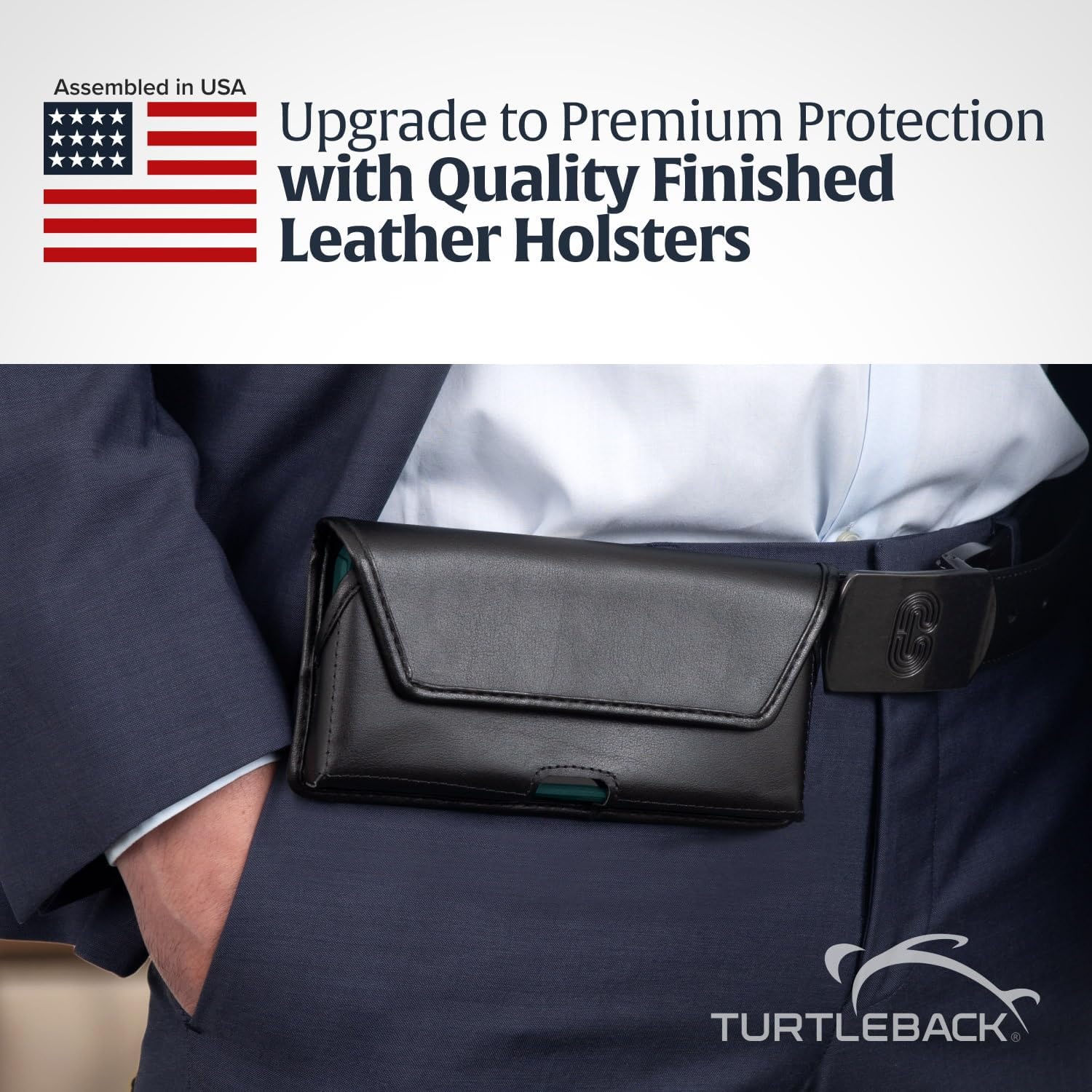 Turtleback Belt Holder for iPhone 16 Pro, 16e, 15 pro 14 Pro 13 Pro -Small- Fits w/Slim MagSafe Style Cases, Premium Black Leather Horiz. Belt Holster, Magnetic Closure, Leather Wrapped Belt Clip