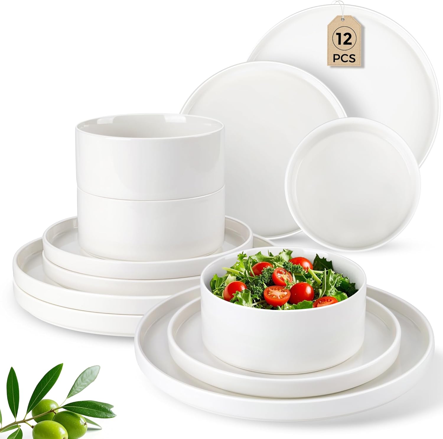 LERATIO Ceramic Dinnerware Sets,Handcraft Embossed Stoneware Plates and Bowls Sets,Highly Chip and Crack Resistant | Dishwasher & Microwave & Oven Safe Dishes set,Service for 4 (12pc)-White