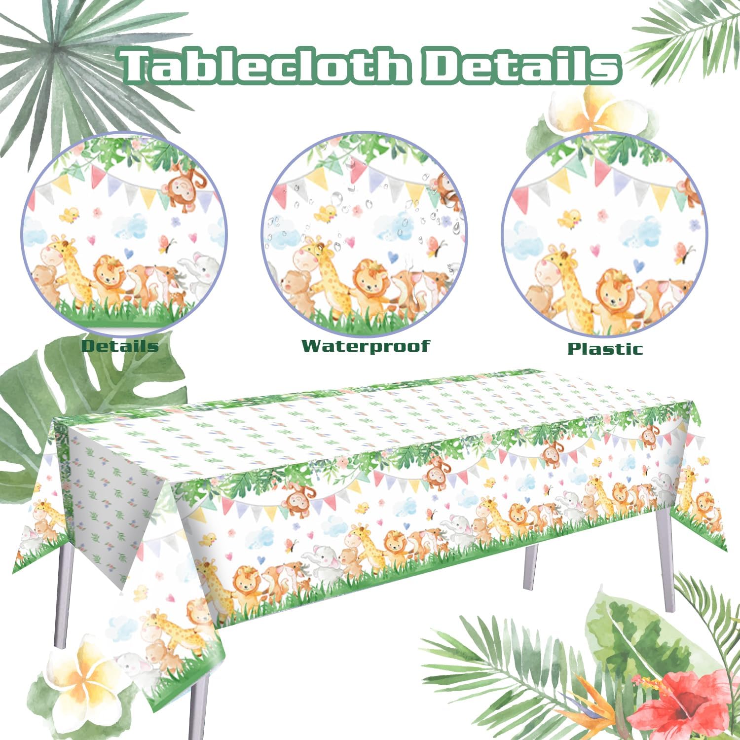 MAYSUN-0505 Wild Animals Happy Birthday Backdrop 6x4ft with Tablecloth 220x130cm Tropical Jungle Safari Theme Party Backdrop Kid's Birthday Party Cake Table Decoration Supplies