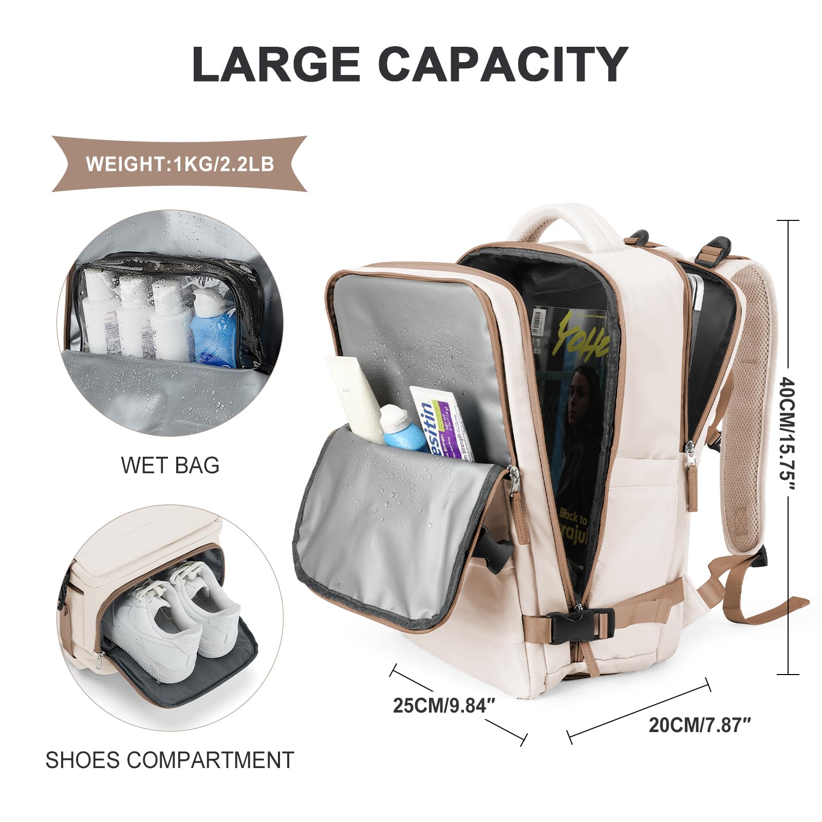 SZLX Zaino Ryanair 40x20x25 Donna Zaino da Viaggio Bagaglio a Mano 20L Uomo Borse da cabina 45x36x20 Easyjet Travel Backpack Adatto a laptop da 14 Pollici con scomparto per scarpe per Lavoro e Scuola
