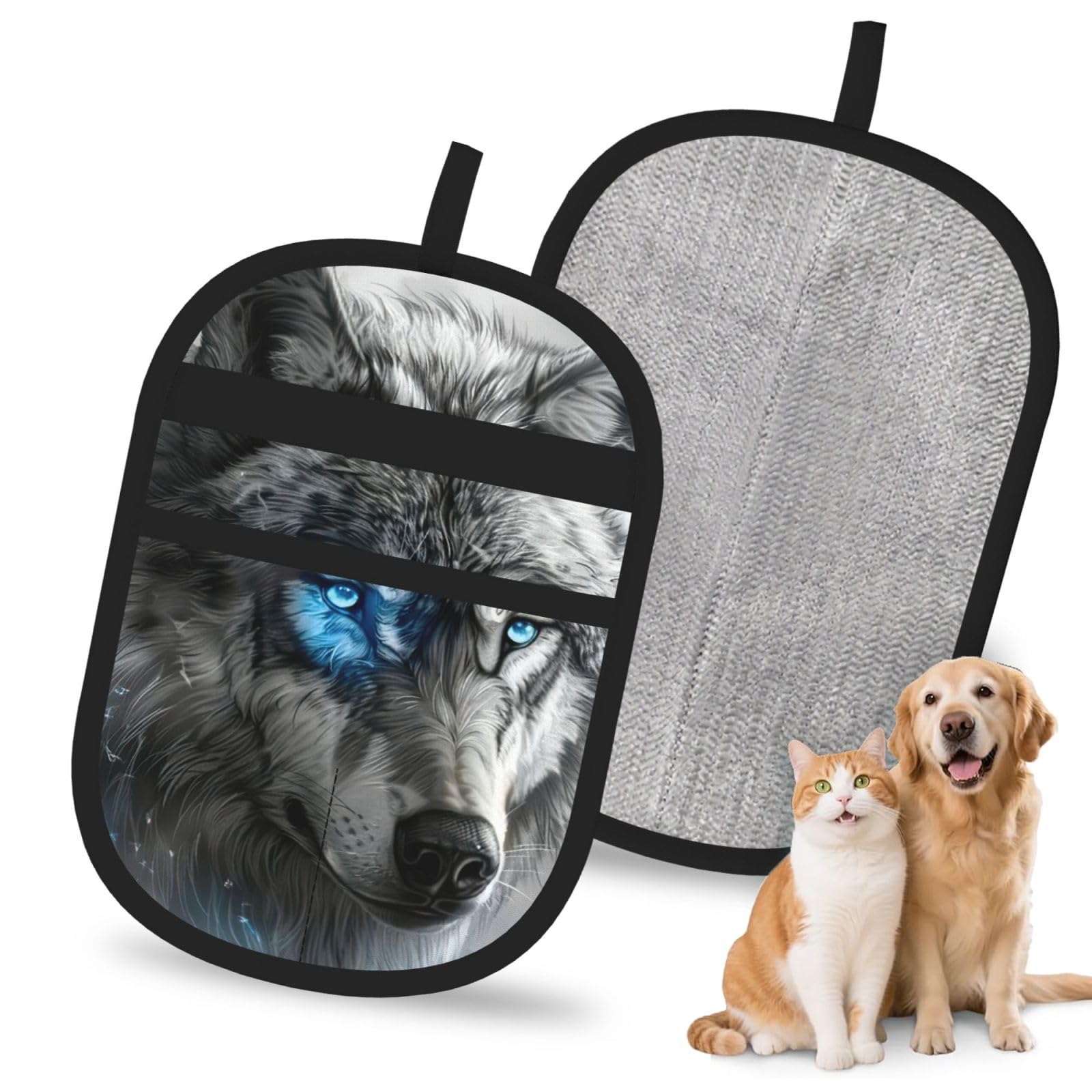 Blue Eyes Wolf Print Pet Hair Remover Gloves Grooming Cleaning Accessory Reusable Deshedding Tool
