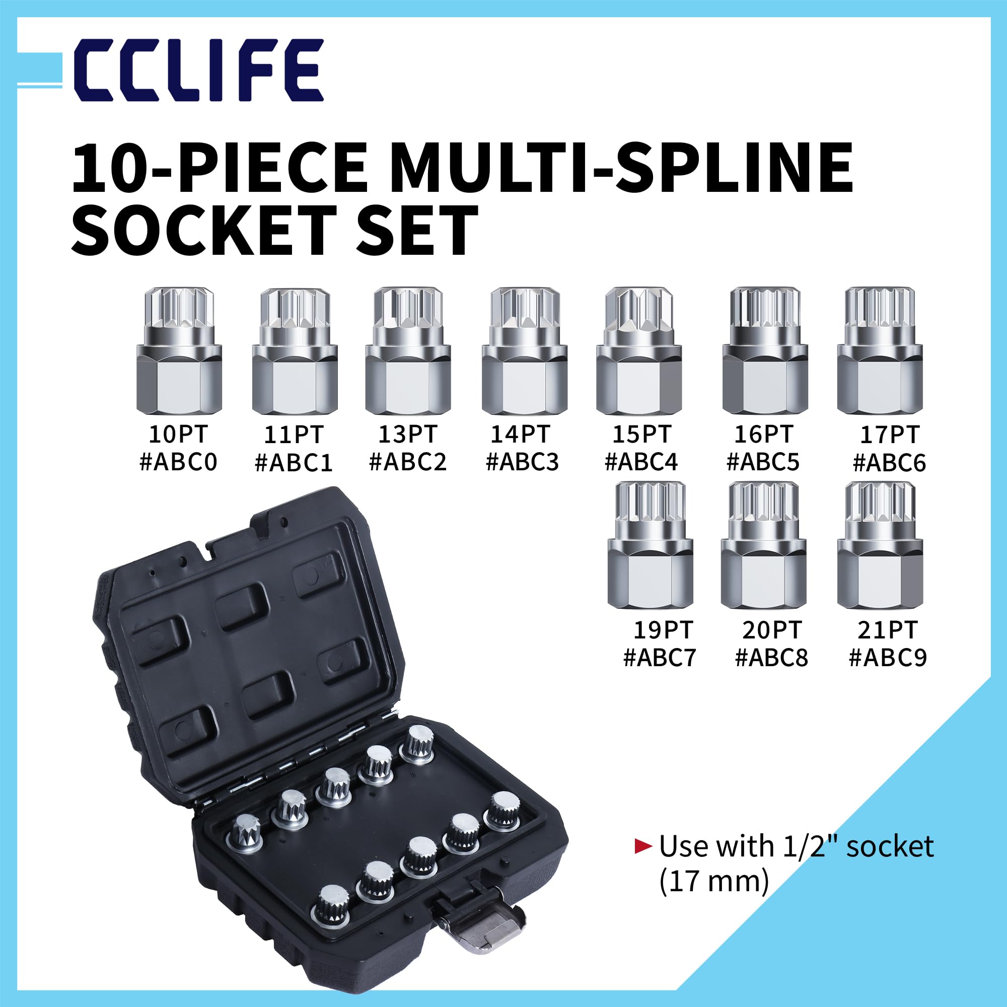 CCLIFE 10-częściowy zestaw śrub do kół VAG, Multi-Spline, napęd 1/2", do VW, Audi, Skoda Seat