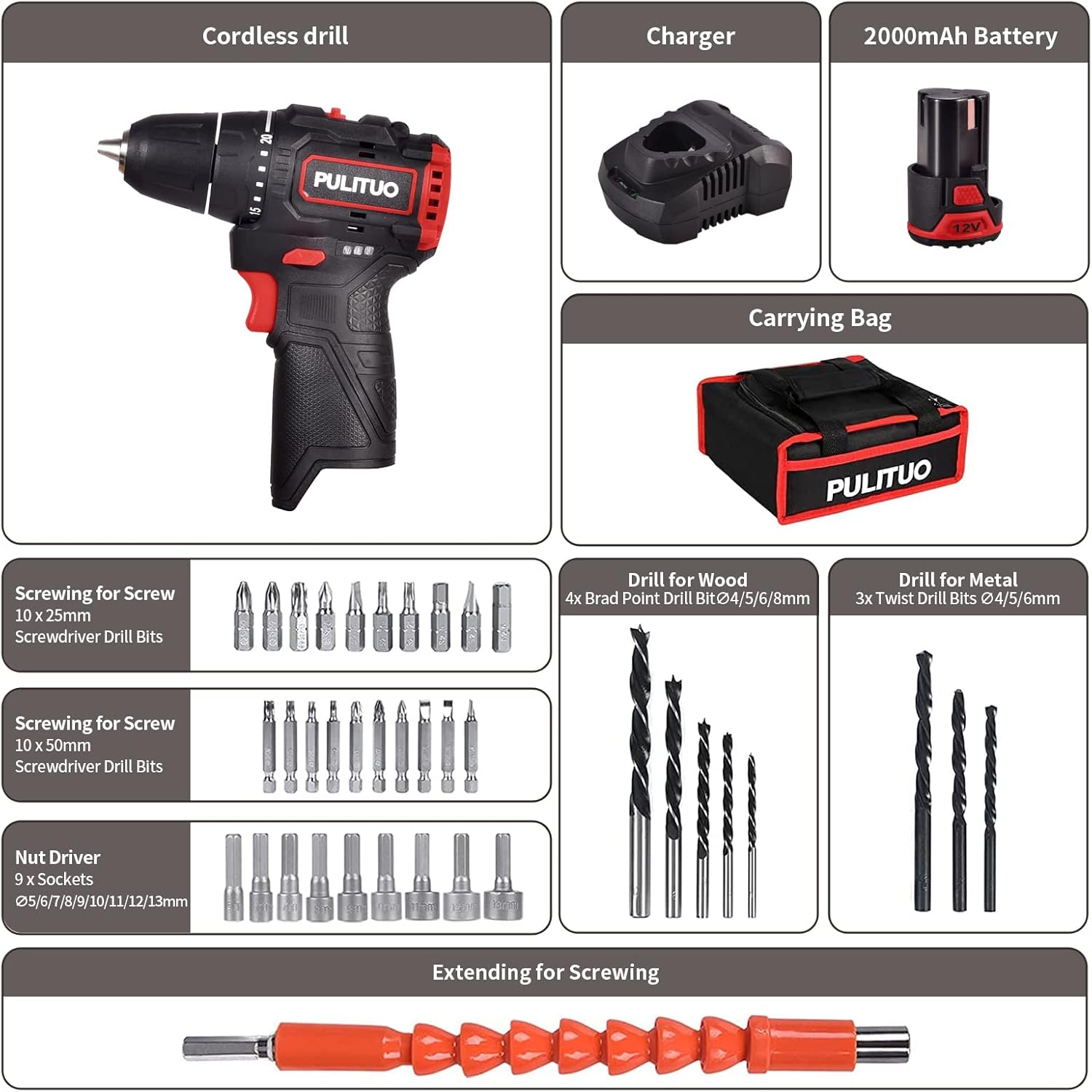 PULITUO Brushless Electric Drill Set,[Brushless Motor],12V Power Drill 310 In-lb Torque, 20+1 Clutch, 3/8" Keyless Chuck,45min Fast Charger, 2 Speed, LED Light for Home and DIY Project