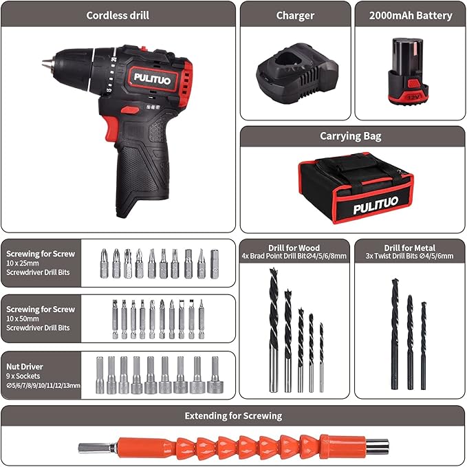 Taladro Eléctrico Inalámbrico PULITUO 12V con Motor Brushless, 35Nm, 2 Velocidades miniatura 4