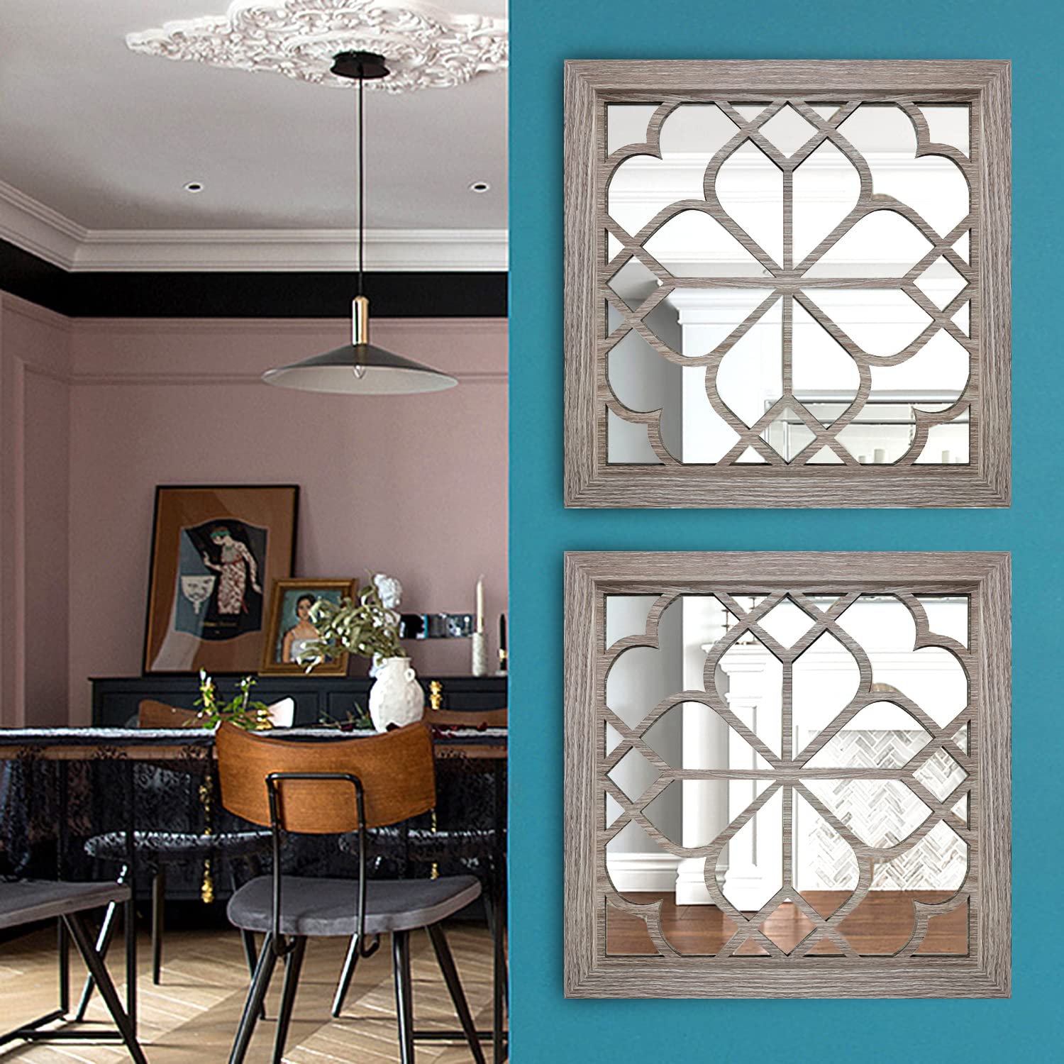 Wocred Set of 4 Mirrors Square Wall Mirror,Gorgeous Rustic Farmhouse Accent Mirror,Barn Wood Color Entry Mirror for Bathroom Renovation,Bedrooms,Living Rooms and More(12â€?x12â€?-4pcs)