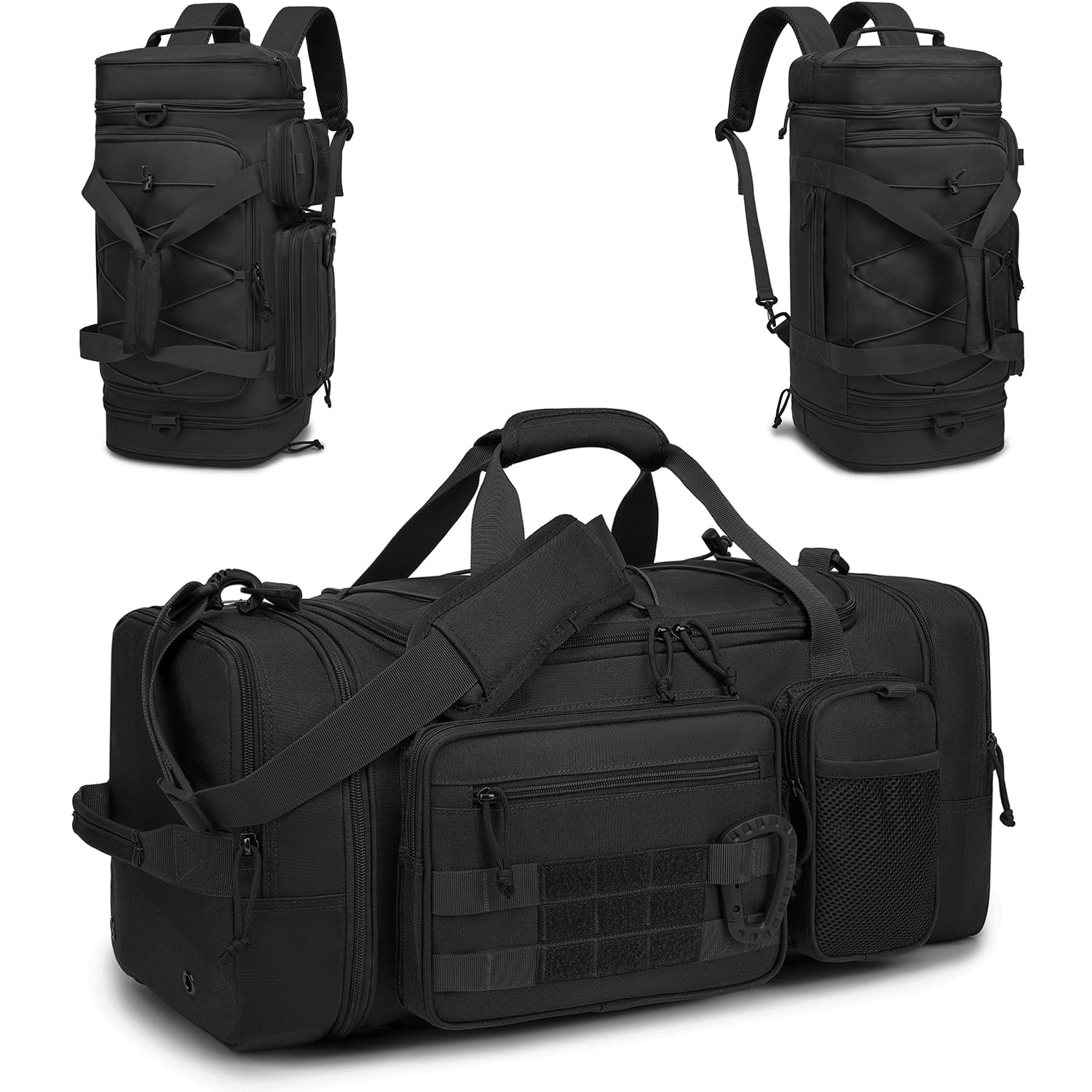Taktische Reisetasche Sporttasche 40-45L Erweiterbar 3-in-1 Sporttaschen Herren Mittel mit Schuhfach Nassfach und Rucksackfunktion Trainingstasche Damen für Militär Fitness Gym Sauna, Schwarz