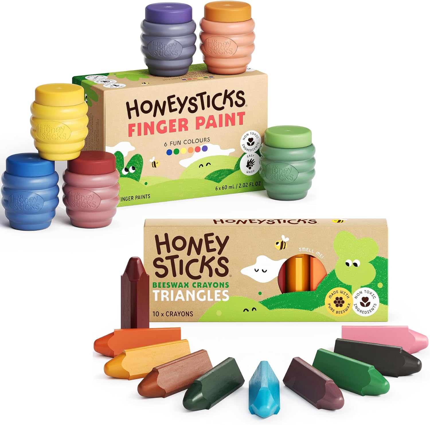 Honeysticks Non Toxic Finger Paint (6 Bright Colors) and 100% Pure Beeswax Easy Grip Triangle Crayons (10 Pack), Perfect Gifting for Toddlers and Children, Non Toxic, Natural - Made in New Zealand