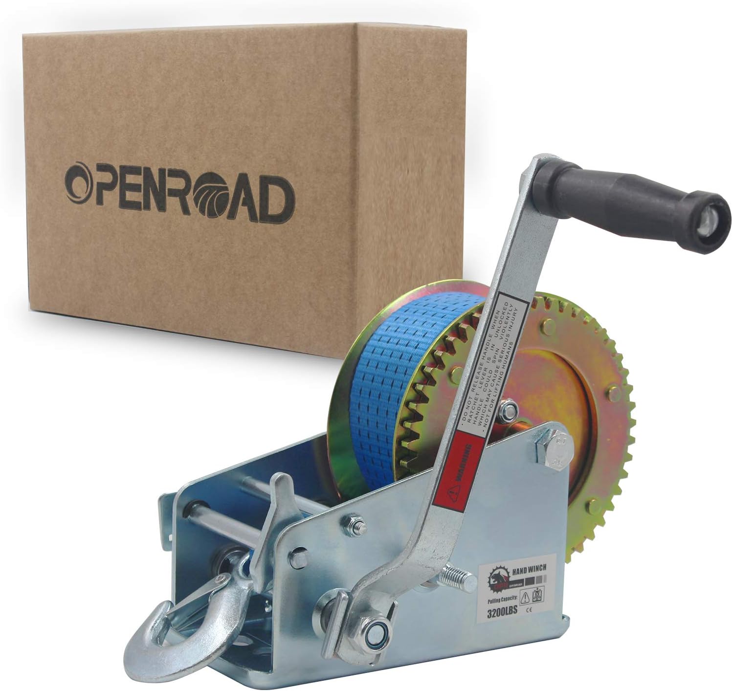 OPENROAD 3200lbs Boat Winch with Bule Strap, Handle Crank Winch with 10M Strap,Suitable for Boat Winch to Fix Heavy Objects (3200lbs): Home Improvement