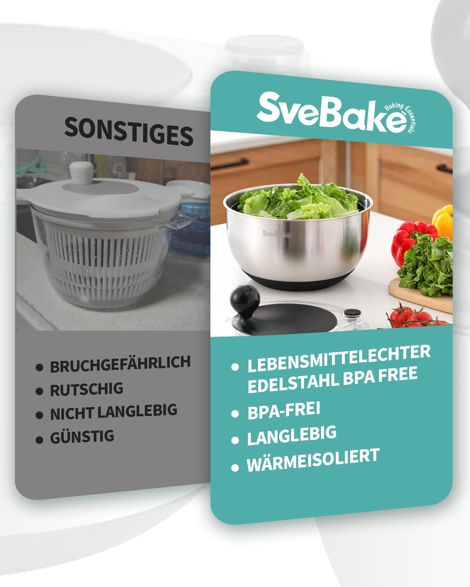 SveBake 5L Salatschleuder Edelstahl mit Stopptaste, BPA-Freie Gemüse Salatschleudern, Transparenter Deckel und Abflussloch, rutschfeste Unterseite, Spülmaschinenfeste Salad Spinner
