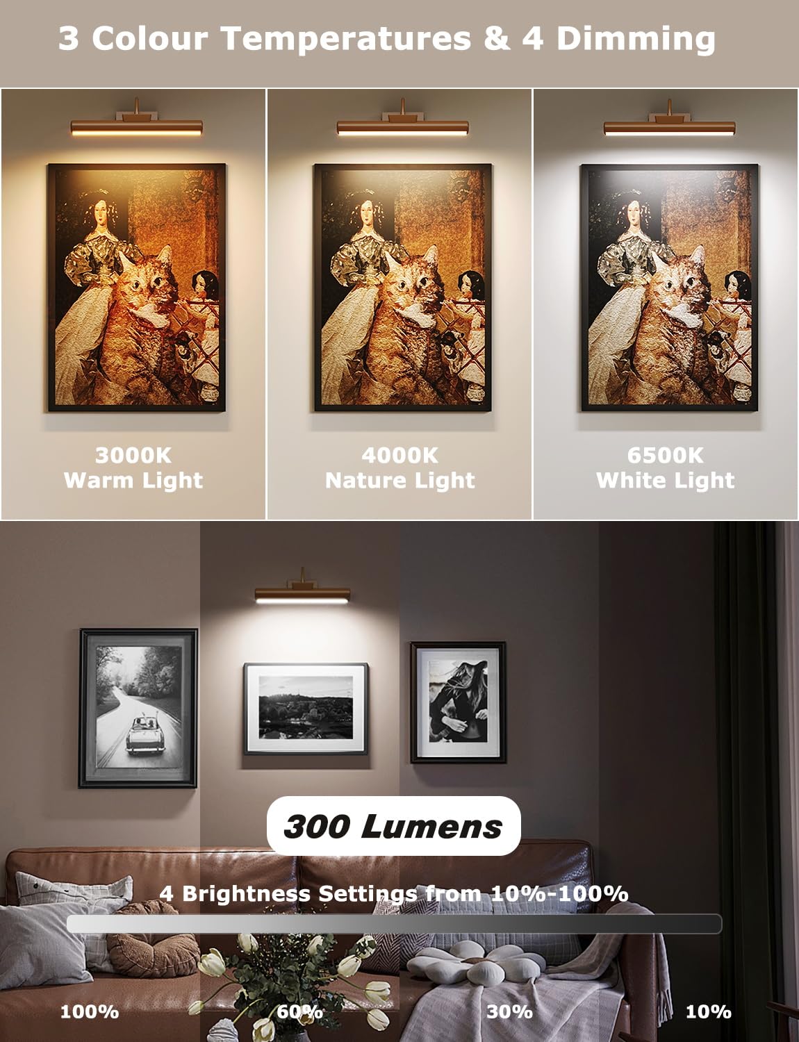 Bilderleuchte, batteriebetrieben, 33 cm, kabelloses Kunstlicht für Gemälde, dimmbar, 5000 mAh, wiederaufladbar, batteriebetrieben, Bilderleuchte mit Fernbedienung für Wand, Galerie-Dartscheibe