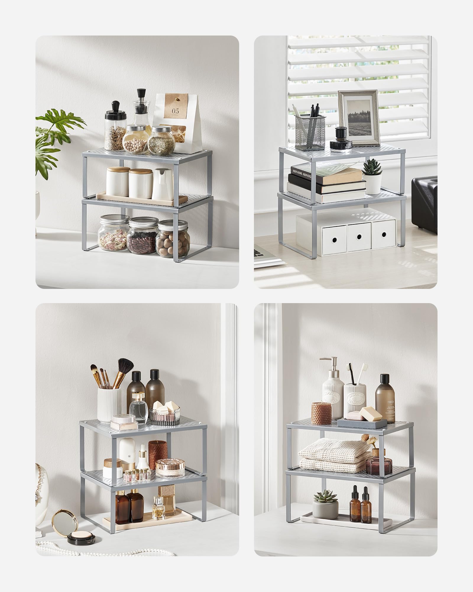 SONGMICS Scaffale Portaspezie, Set di 4 Organizzatori da Cucina Espandibili, Scaffale da Cucina Impilabile, Metallo, Argento KCS006S01