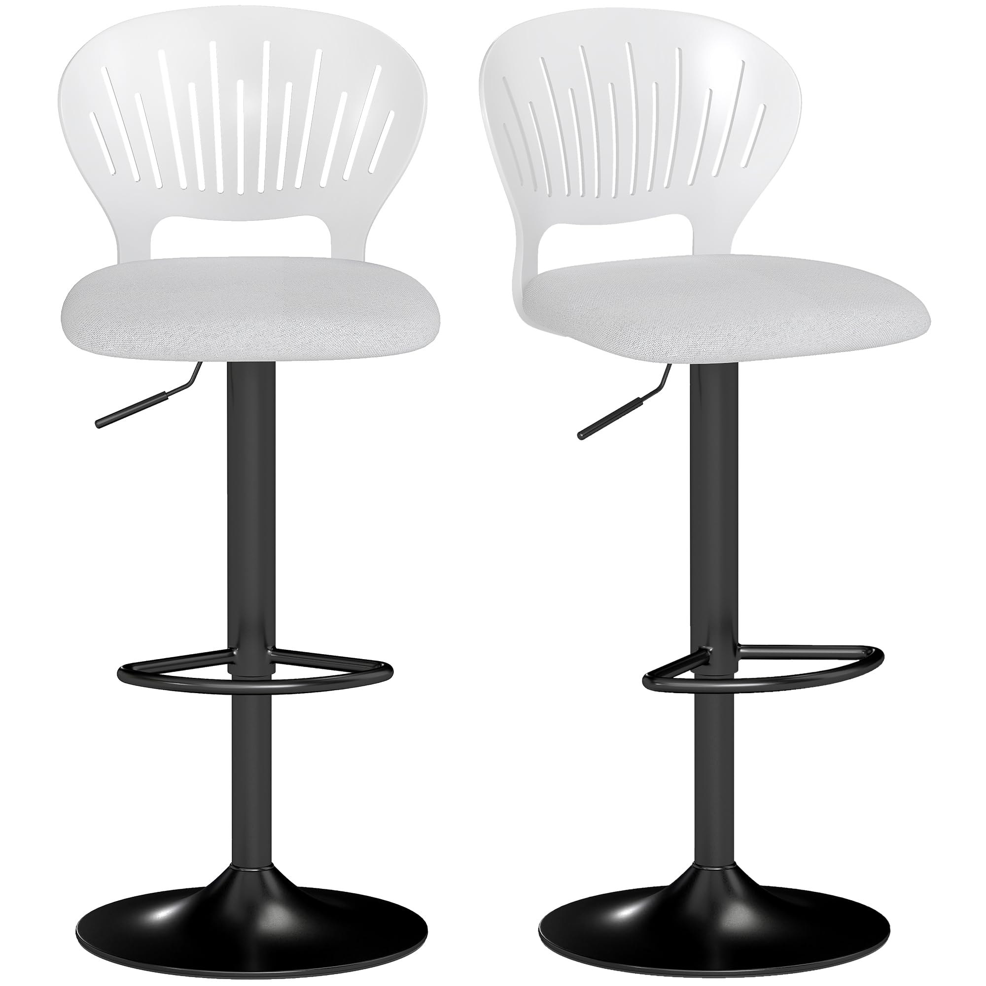 HOMCOM Set of 2 High Kitchen Stools 360° Swivel Height Adjustable Bar Stools from 84 to 105 cm Hollow Back Footrest for Dining Room Counter White