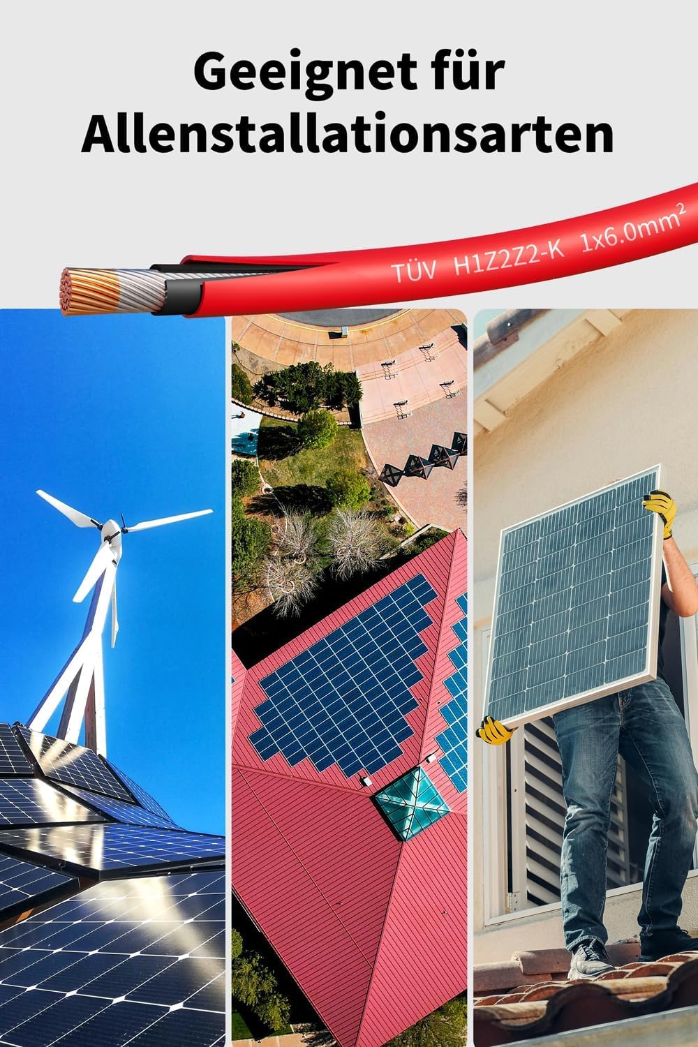 ENERNOVA Solarkabel 4mm²/6mm², Verlängerung 1-50M IP67 für PV Solaranlage