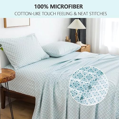 Miniatura 4 de Juego de sábanas tamaño individual de 3 piezas impresas con estampado floral azul con bolsillo profundo de microfibra 1800, lujo de hotel, súper