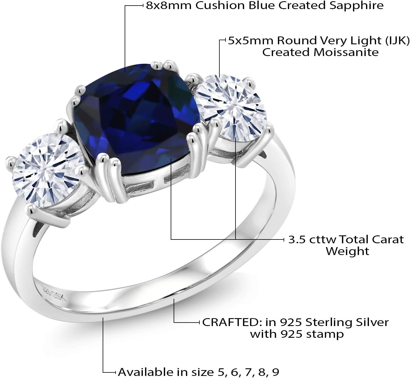 Gem Stone King 3.50 Cttw Created Sapphire and Moissanite 3-Stone Engagement Ring For Women | 925 Sterling Silver | September Birthstone | Cushion 8MM | Wedding Anniversary Promise Ring - Image 6