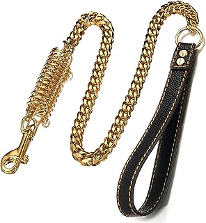 Gold Dog Chain Leash, 14MM Heavy Duty Strong Stainless Steel Chew Proof Pet Leash Chain with Low Effort Spring and Comfort Leather Padded Handle