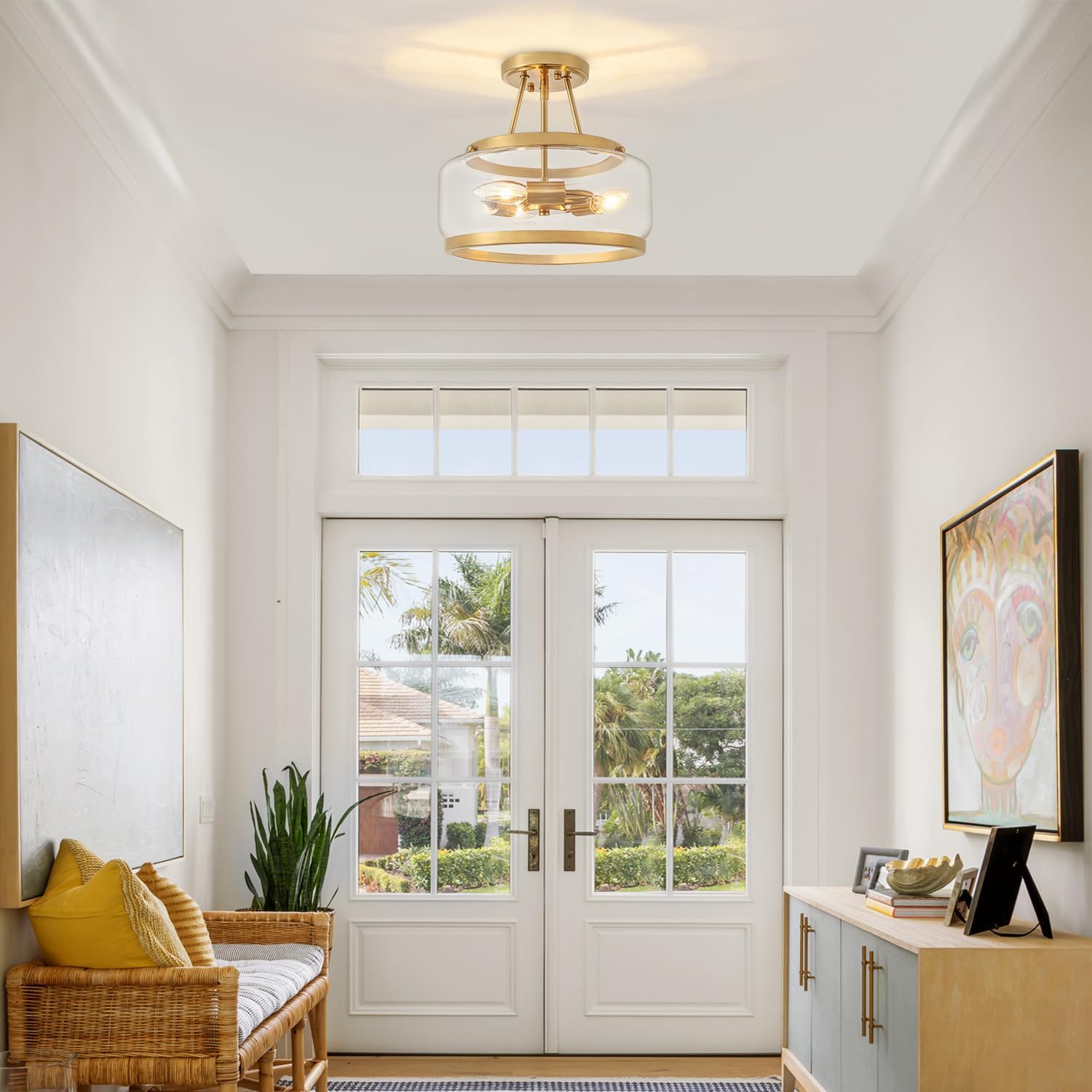 Brushed Gold Modern Ceiling Light Semi Flush Mount Hallway Lights Entryway Chandelier 3-Light Drum Glass Bathroom Ceiling Lighting Fixtures for Kitchen Foyer Bedroom Laundry Dining Room