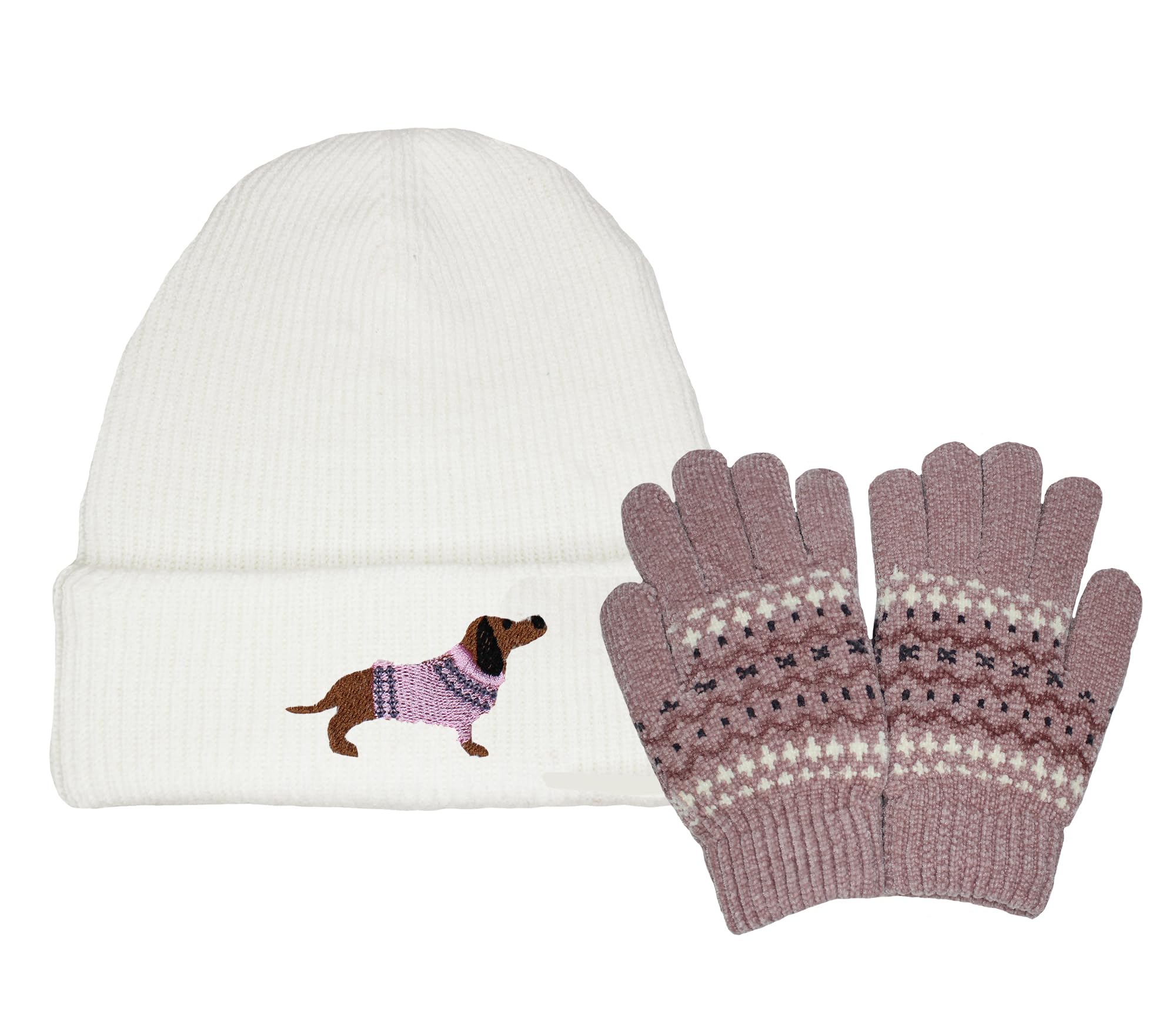 TeddyT's Ladies Dachshund with Pink Sweater Embroidered Embroidered Cream Beanie Hat with Pink Chenille Fleece Lined Gloves