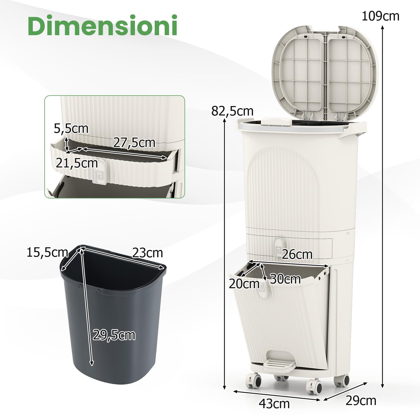 RELAX4LIFE Pattumiera Differenziata con 3 Secchi Rimovibili, Pedale, Ruote e Ganci Laterali, Cestino Salvaspazio per Cucina,Bagno (BEIGE, 42L - 3 Scomparti con Cassetto, Bicoperchio)