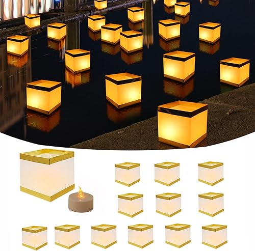 Miniatura 8 de Paquete de 20 faroles flotantes de papel, faroles de vela conmemorativos cuadrados dorados y blancos, faroles de mesa decorativos al aire libre para